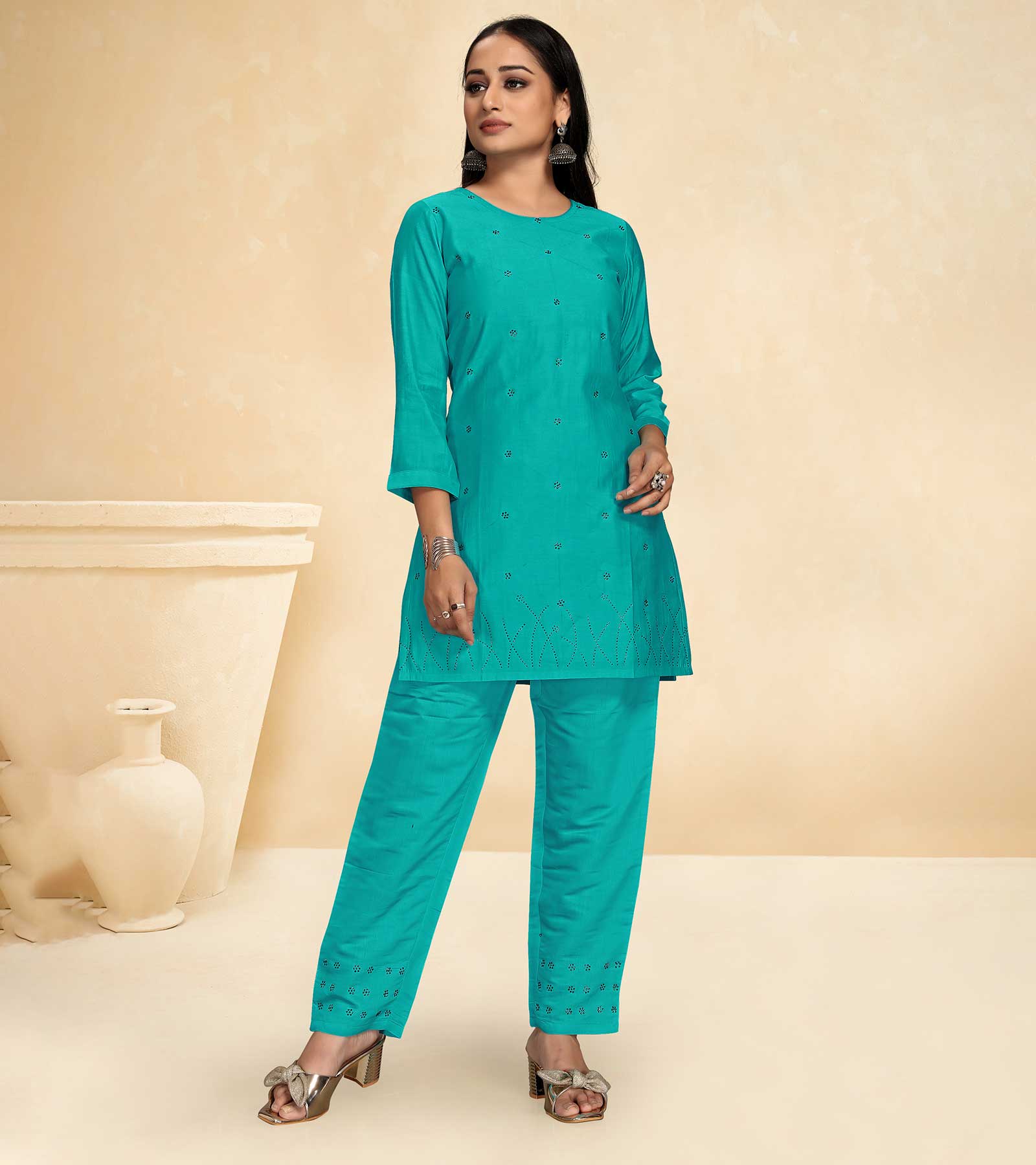 Laxmipati Cotton Silk Cyan Blue Coord Set Stone Design Top With Straight Pant