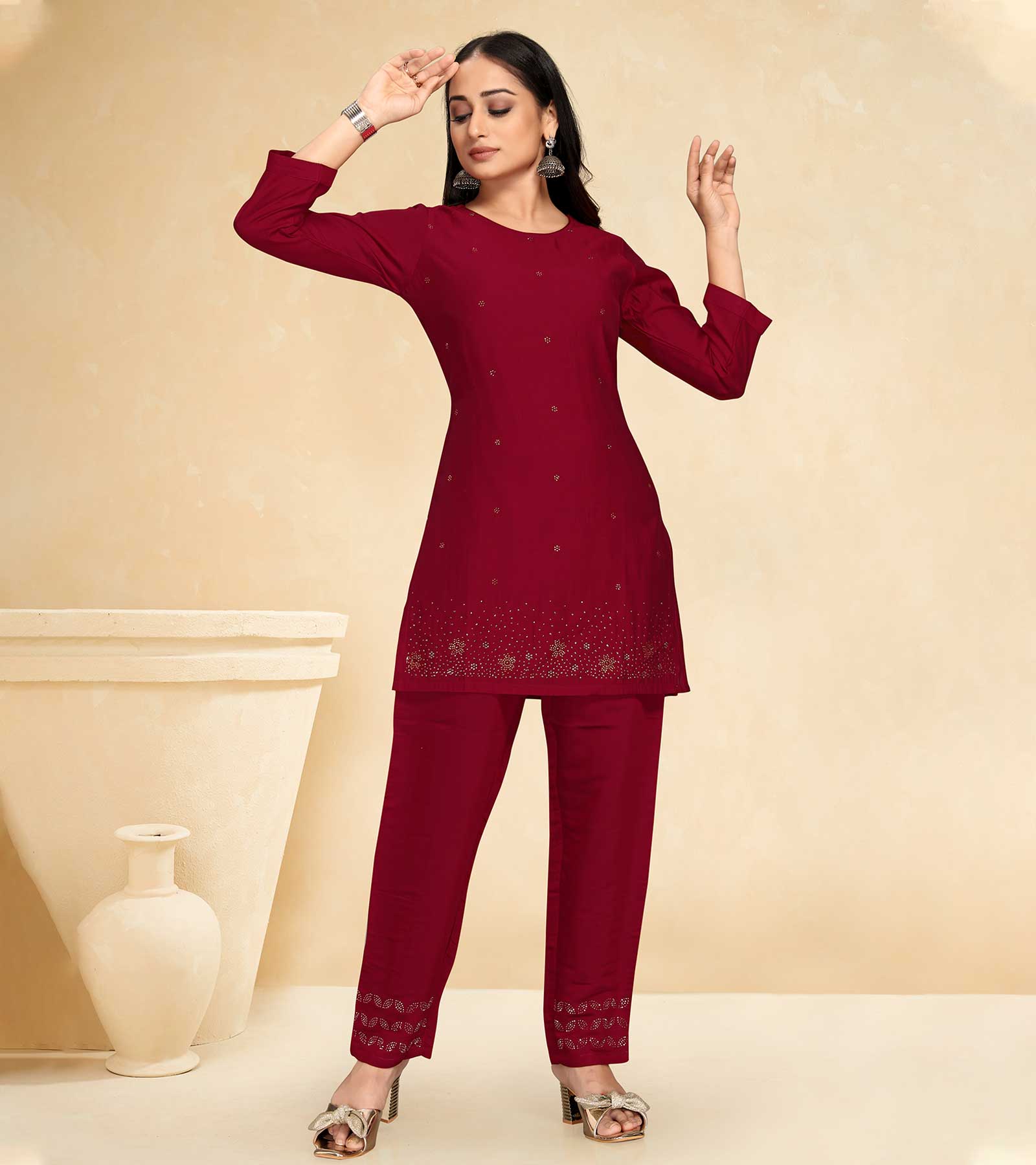Laxmipati Cotton Silk Maroon Coord Set Stone Design Top With Straight Pant