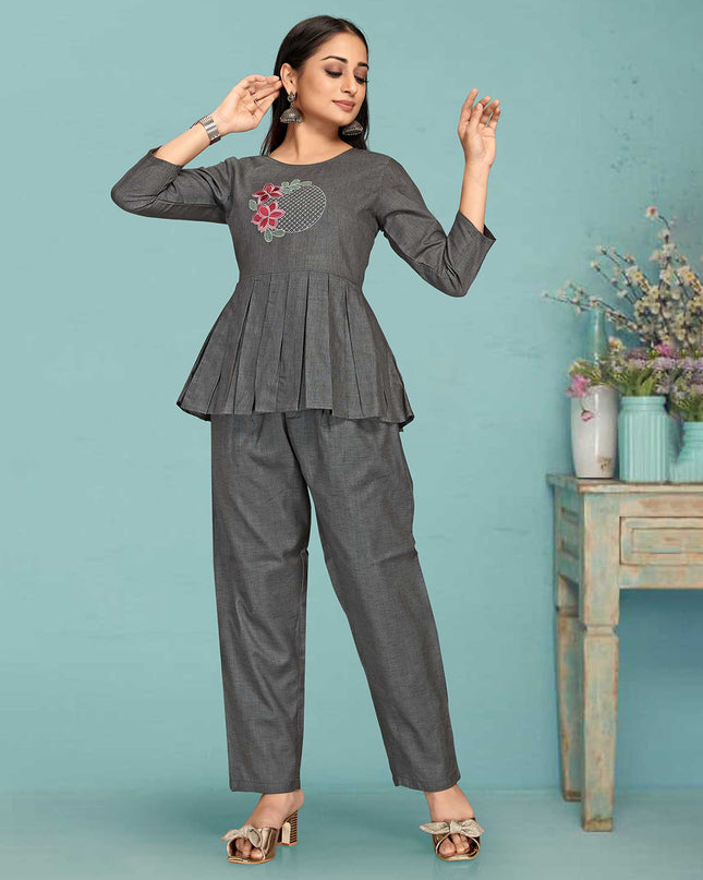Laxmipati Black Silk Grey Coord Set With Embroidery In Top And Straight Pant