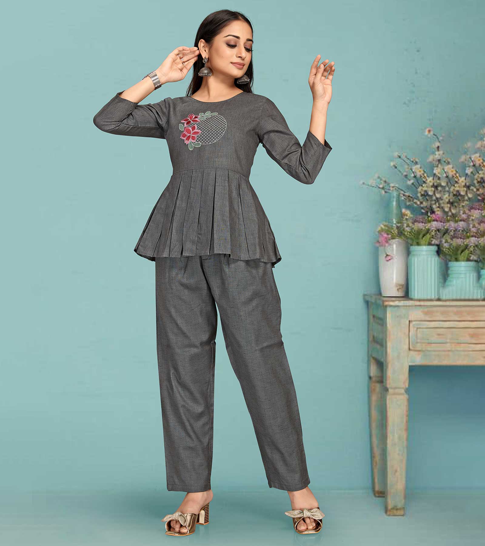 Laxmipati Black Silk Grey Coord Set With Embroidery In Top And Straight Pant