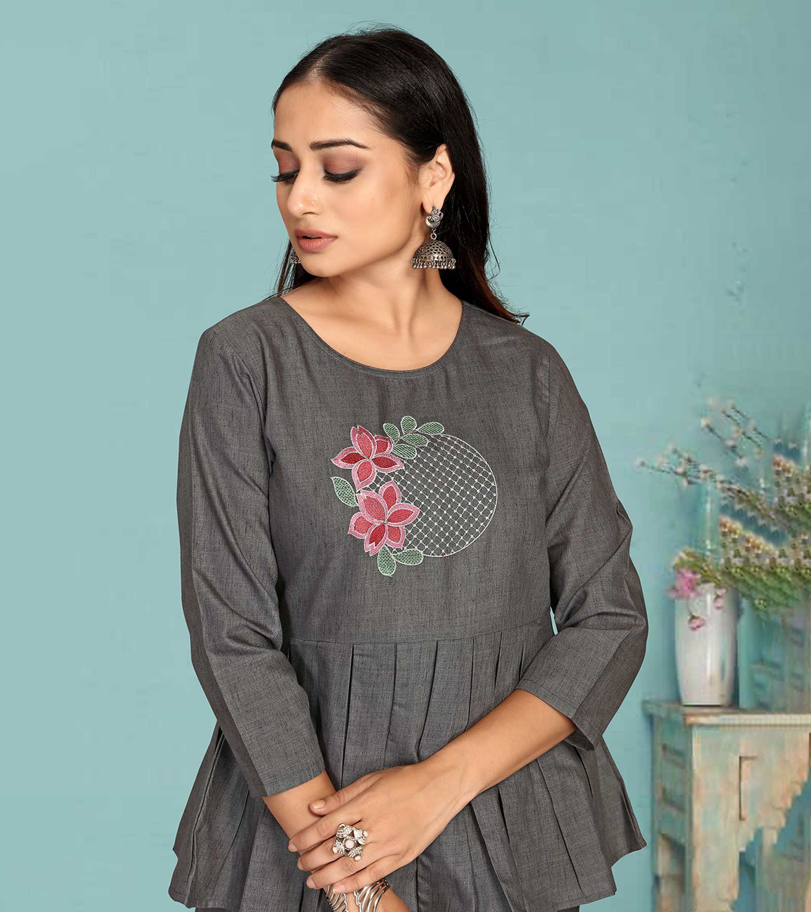 Laxmipati Black Silk Grey Coord Set With Embroidery In Top And Straight Pant