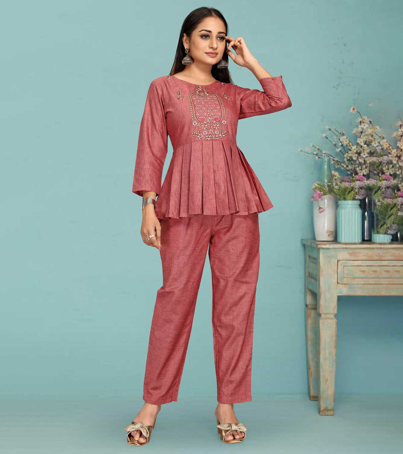 Laxmipati Black Silk Peach Coord Set With Embroidery In Top And Straight Pant