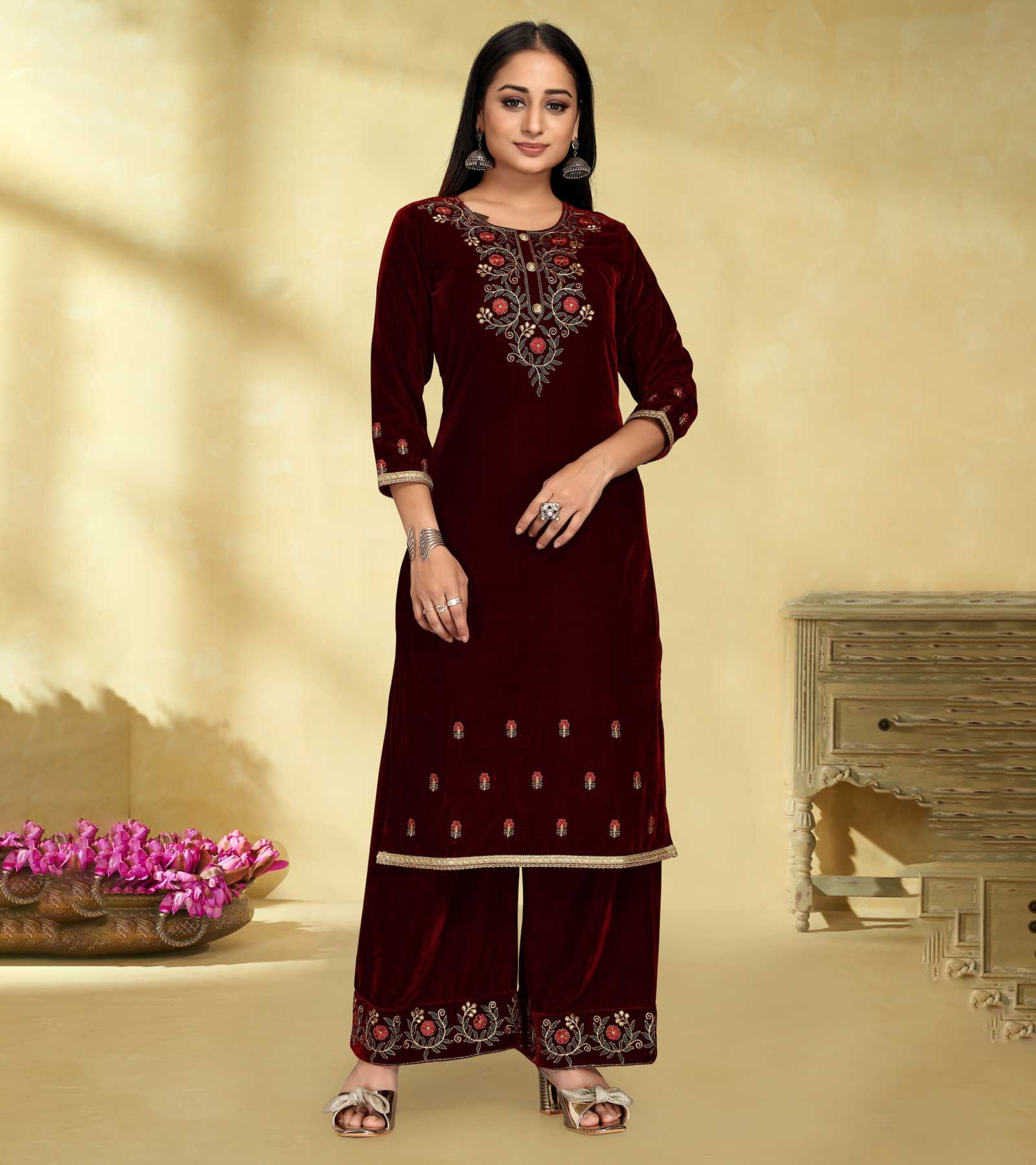 Laxmipati Velvet Maroon Velvet Embroidered Kurta With Fancy Button And Embroidery Laced Plazzo