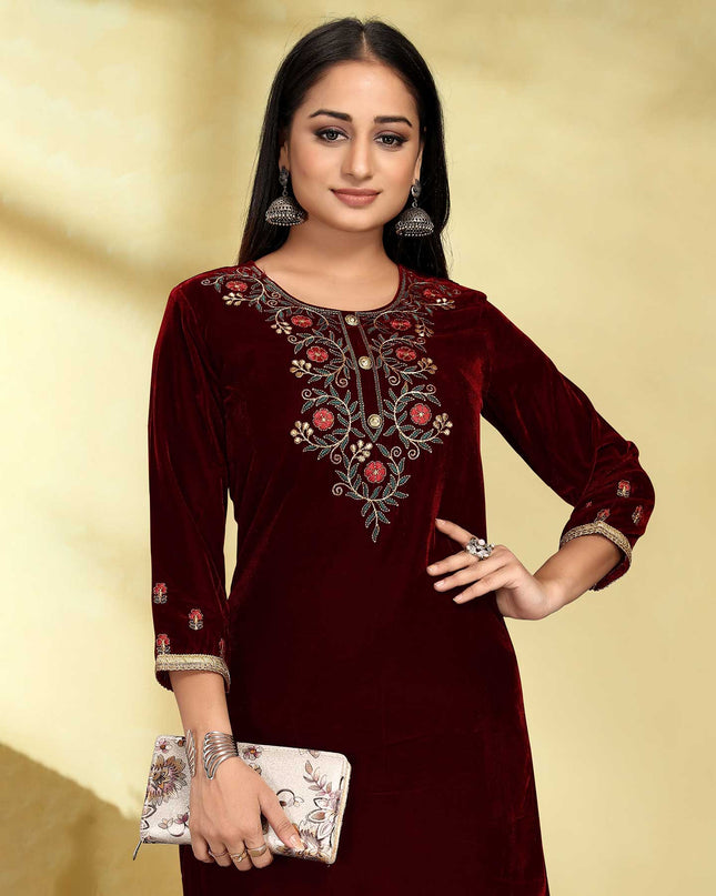 Laxmipati Velvet Maroon Velvet Embroidered Kurta With Fancy Button And Embroidery Laced Plazzo