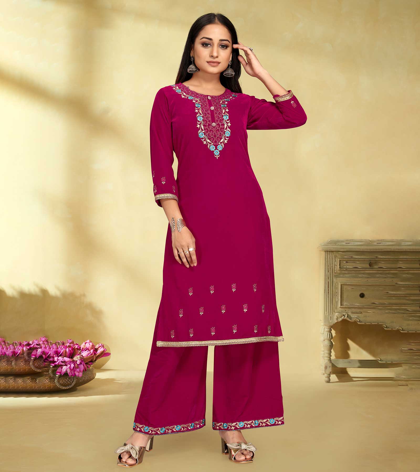 Laxmipati Velvet Pink Velvet Embroidered Kurta With Fancy Button And Embroidery Laced Plazzo