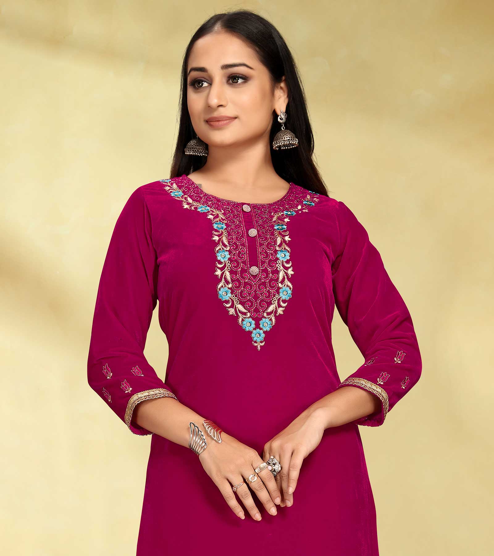 Laxmipati Velvet Pink Velvet Embroidered Kurta With Fancy Button And Embroidery Laced Plazzo