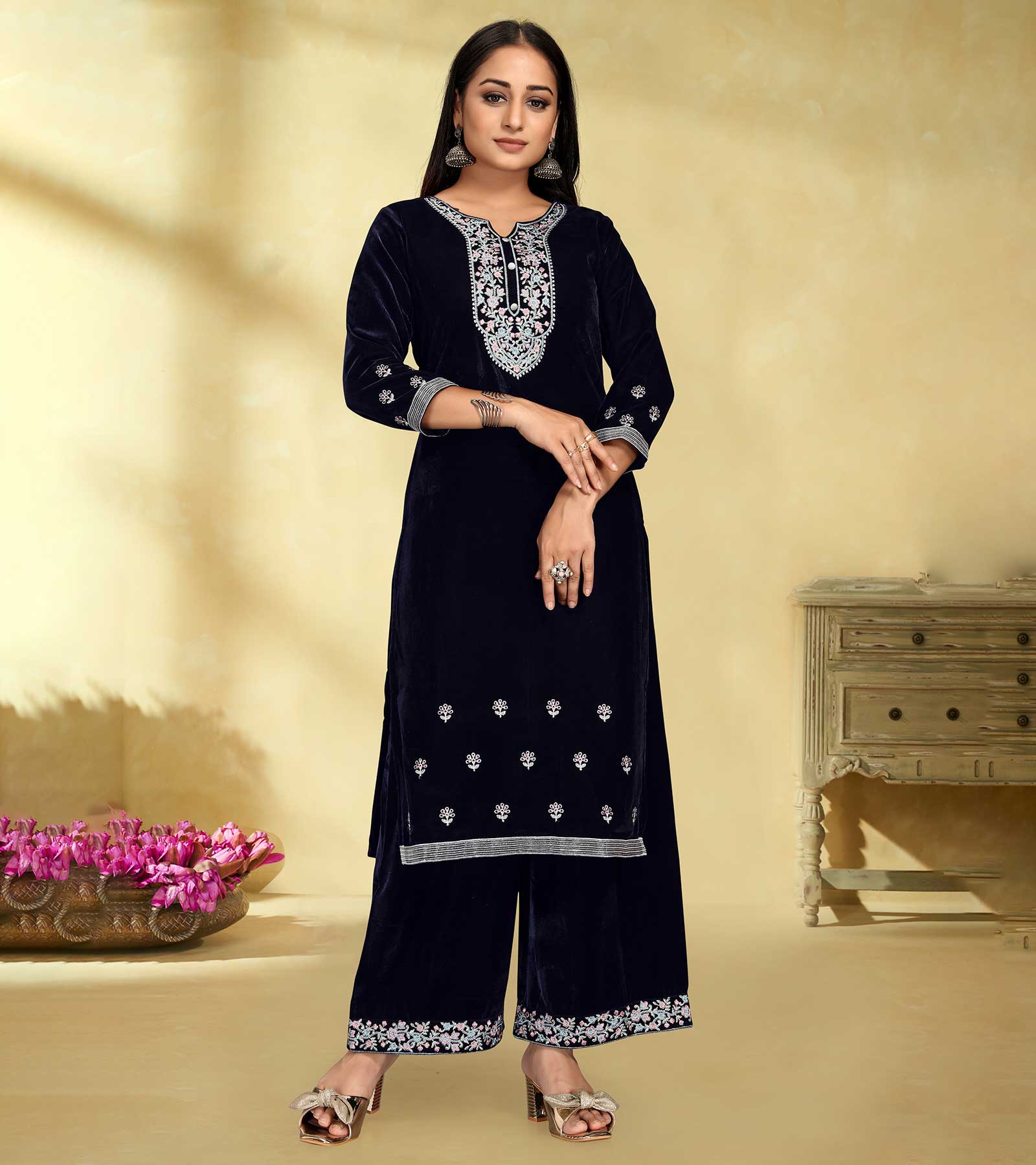Laxmipati Velvet Blue Velvet Embroidered Kurta With Fancy Button And Embroidery Laced Plazzo