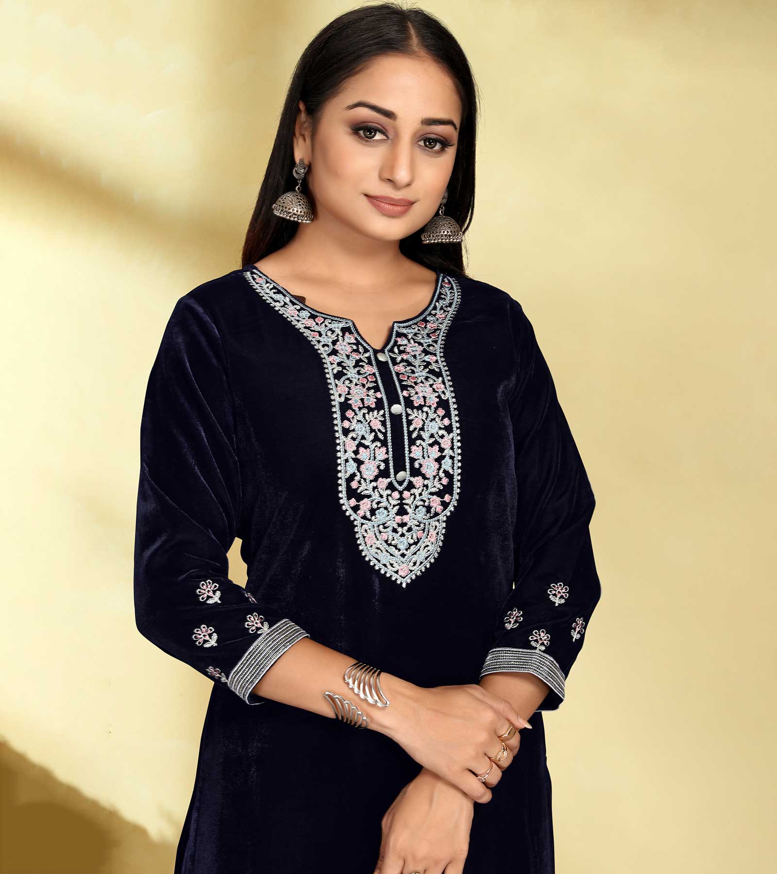 Laxmipati Velvet Blue Velvet Embroidered Kurta With Fancy Button And Embroidery Laced Plazzo