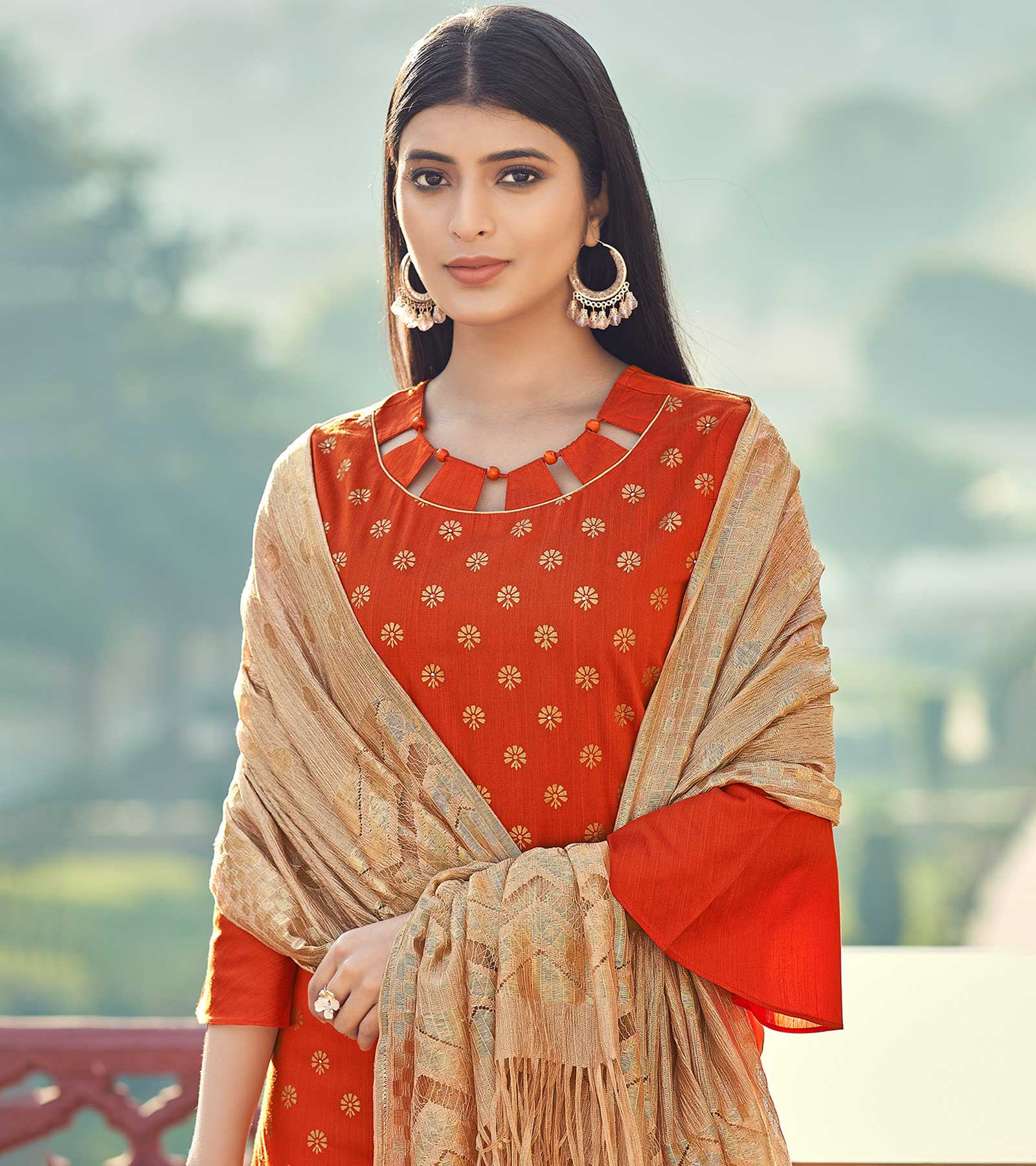 Laxmipati Taffeta Silk Orange Table Print Top With Fancy Dupatta And Pant