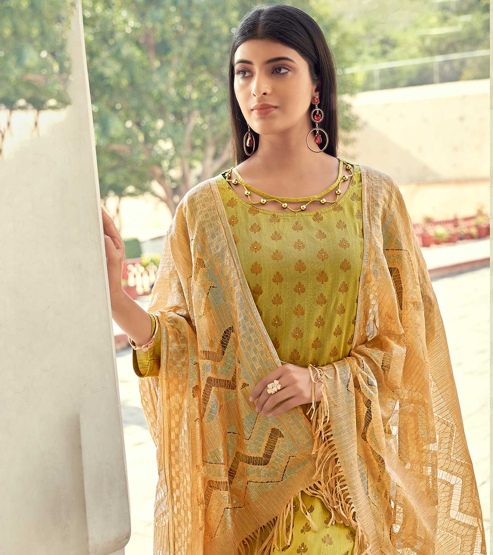 Laxmipati Taffeta Silk Light Green Table Print Top With Fancy Dupatta And Pant