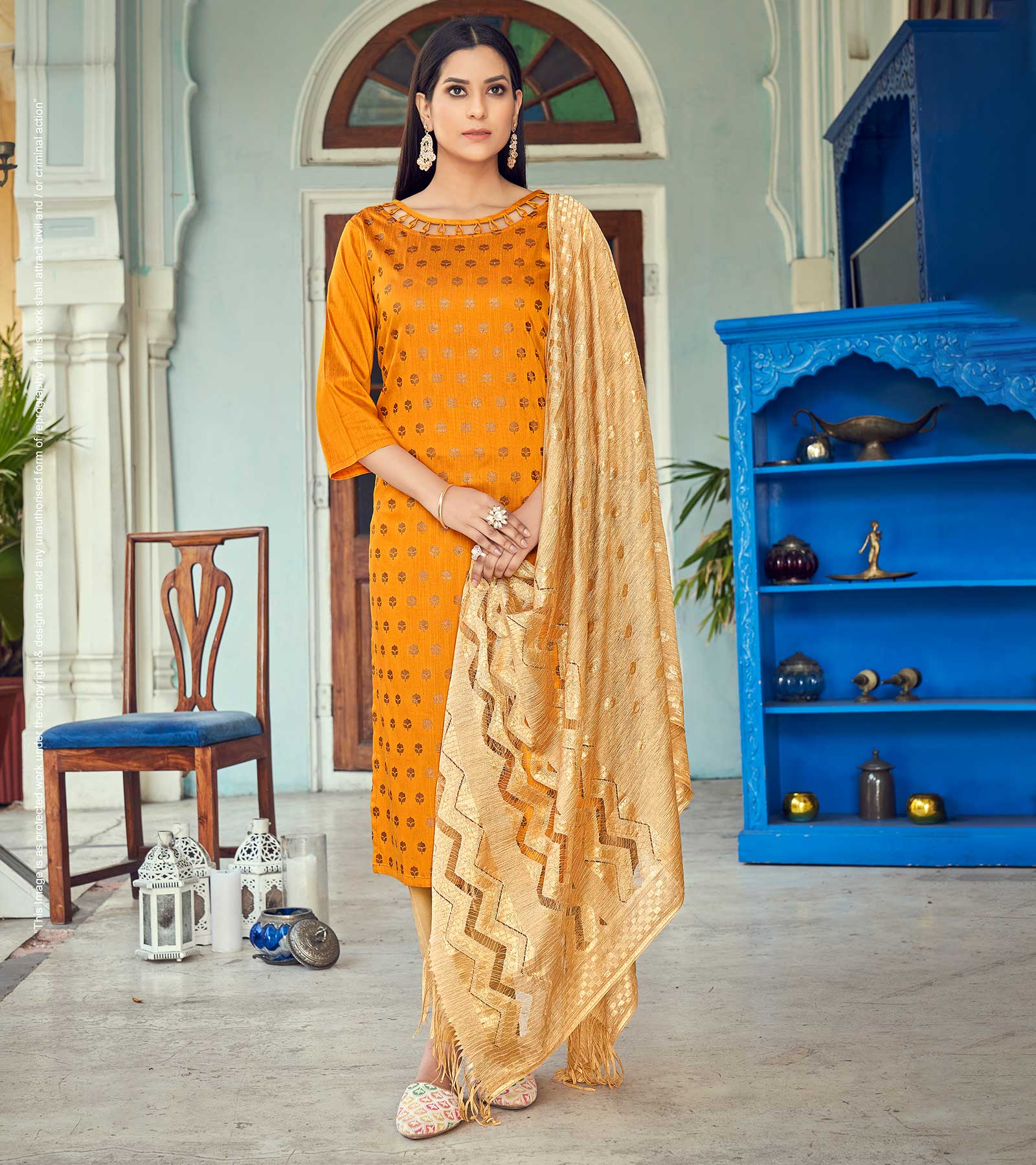 Laxmipati Taffeta Silk Haldi Yellow Table Print Top With Fancy Dupatta And Pant