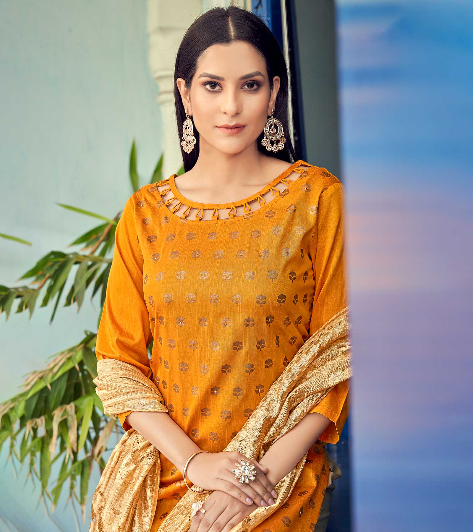 Laxmipati Taffeta Silk Haldi Yellow Table Print Top With Fancy Dupatta And Pant