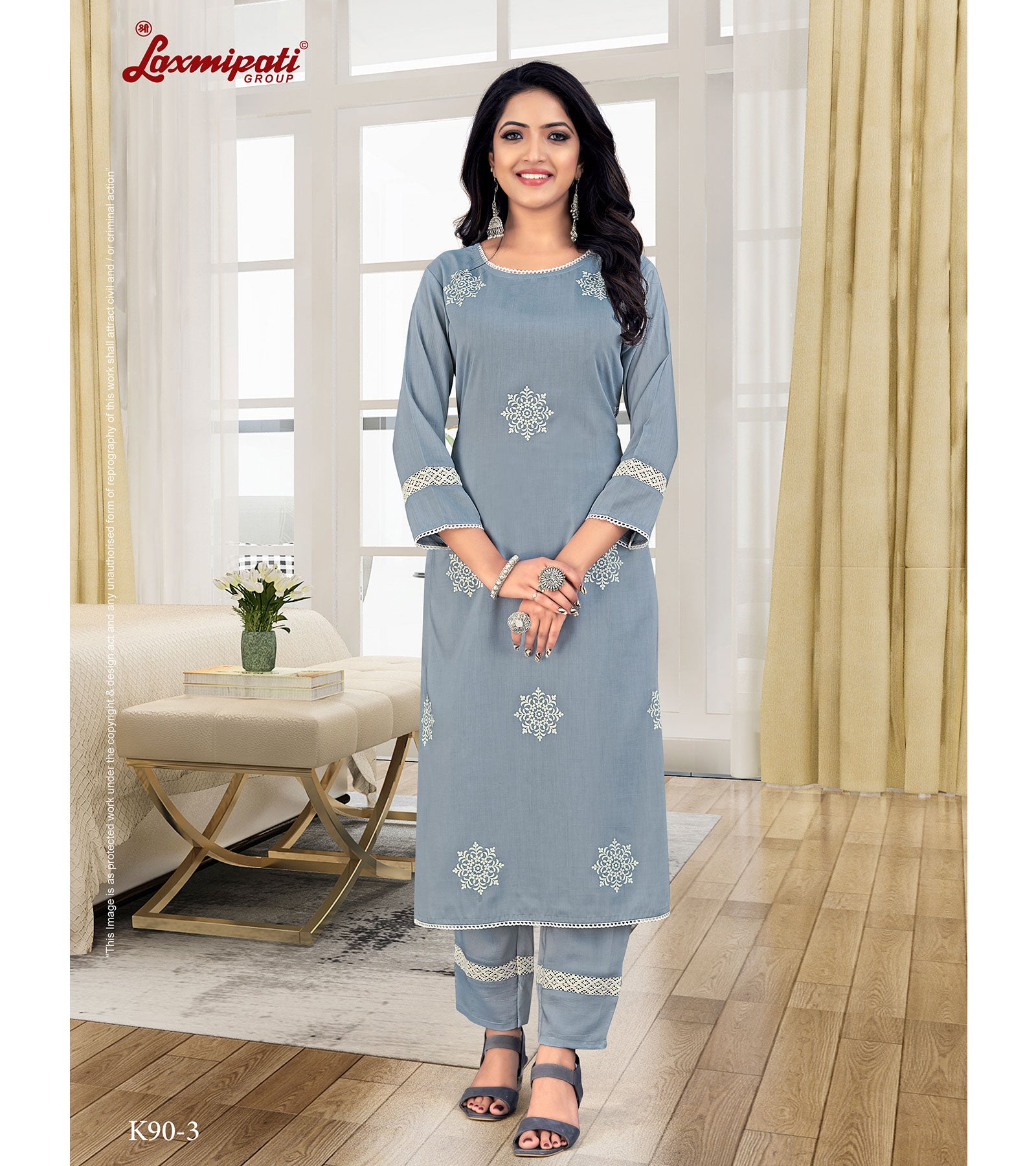 Laxmipati Muslin Slate Grey Straight Cut Kurti With Pant