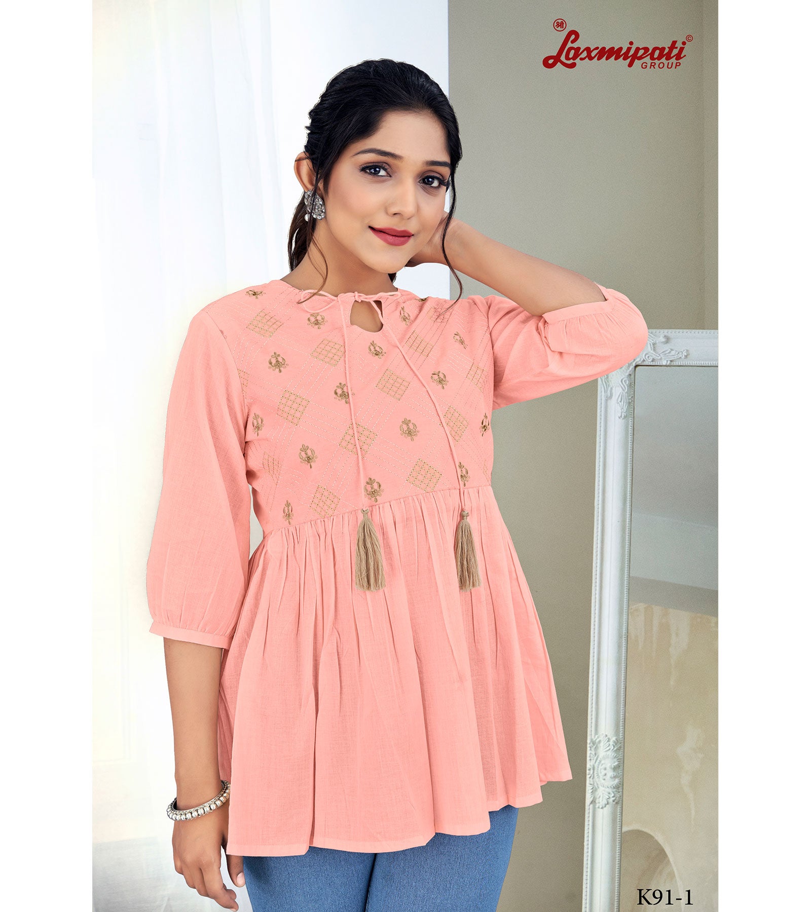 Laxmipati Nikita Mul Cotton Peach Short Kurti