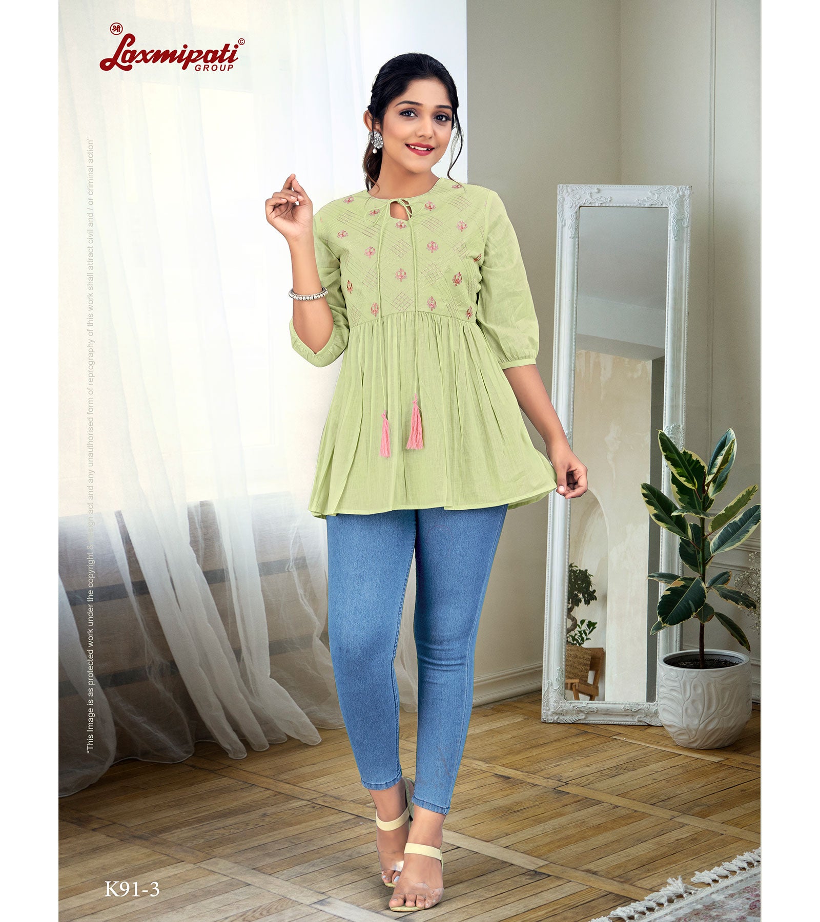 Laxmipati Nikita Mul Cotton Lime Green Short Kurti