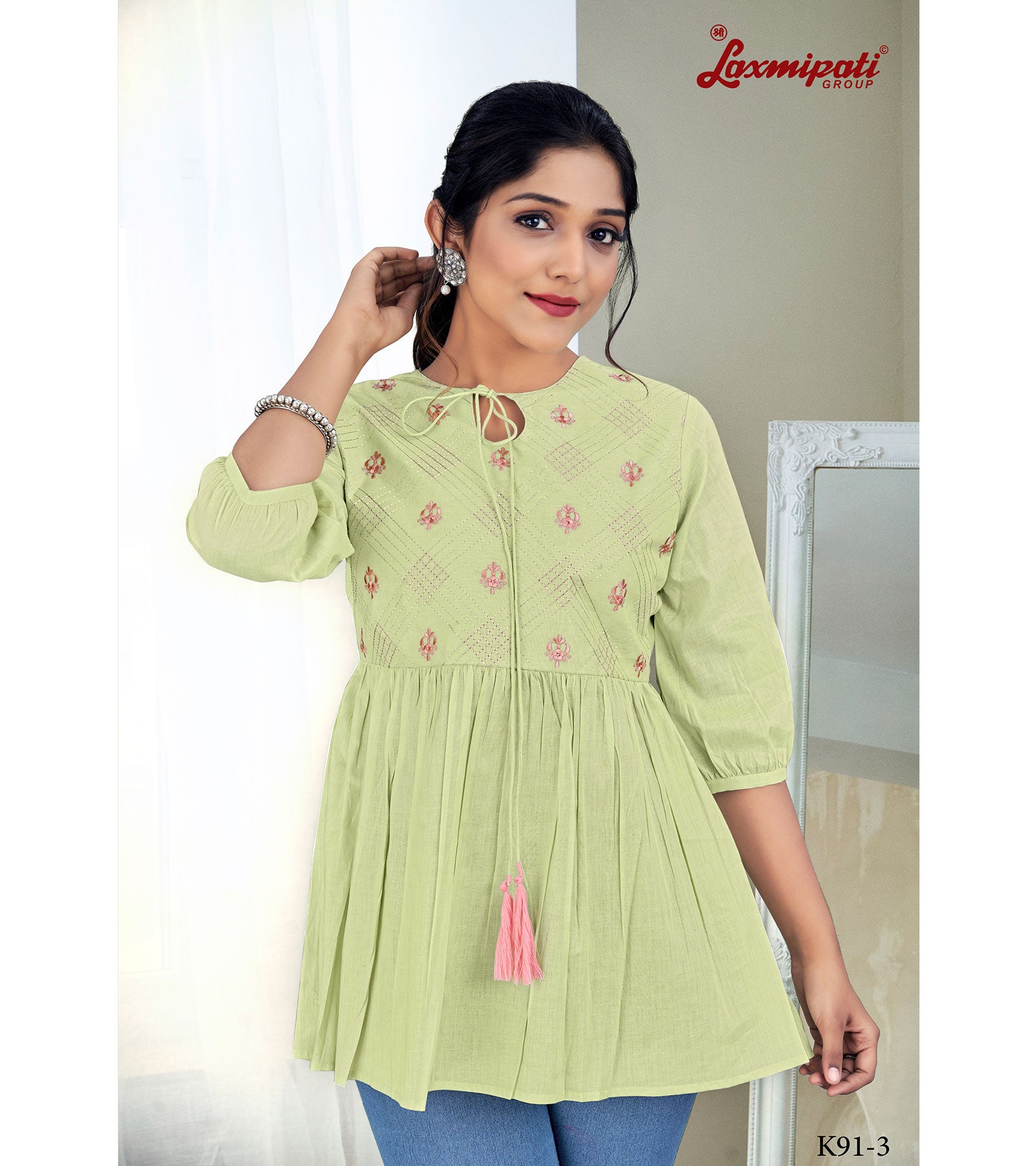 Laxmipati Nikita Mul Cotton Lime Green Short Kurti