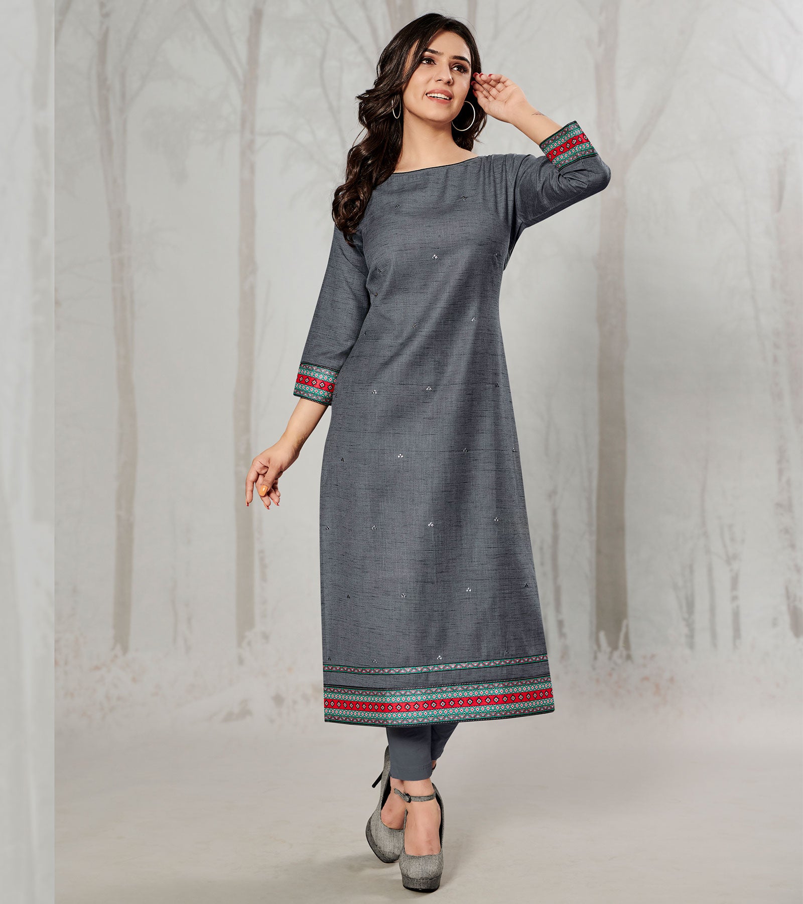 Laxmipati Cotton Textured Grey Straight Cut Kurti With Mask