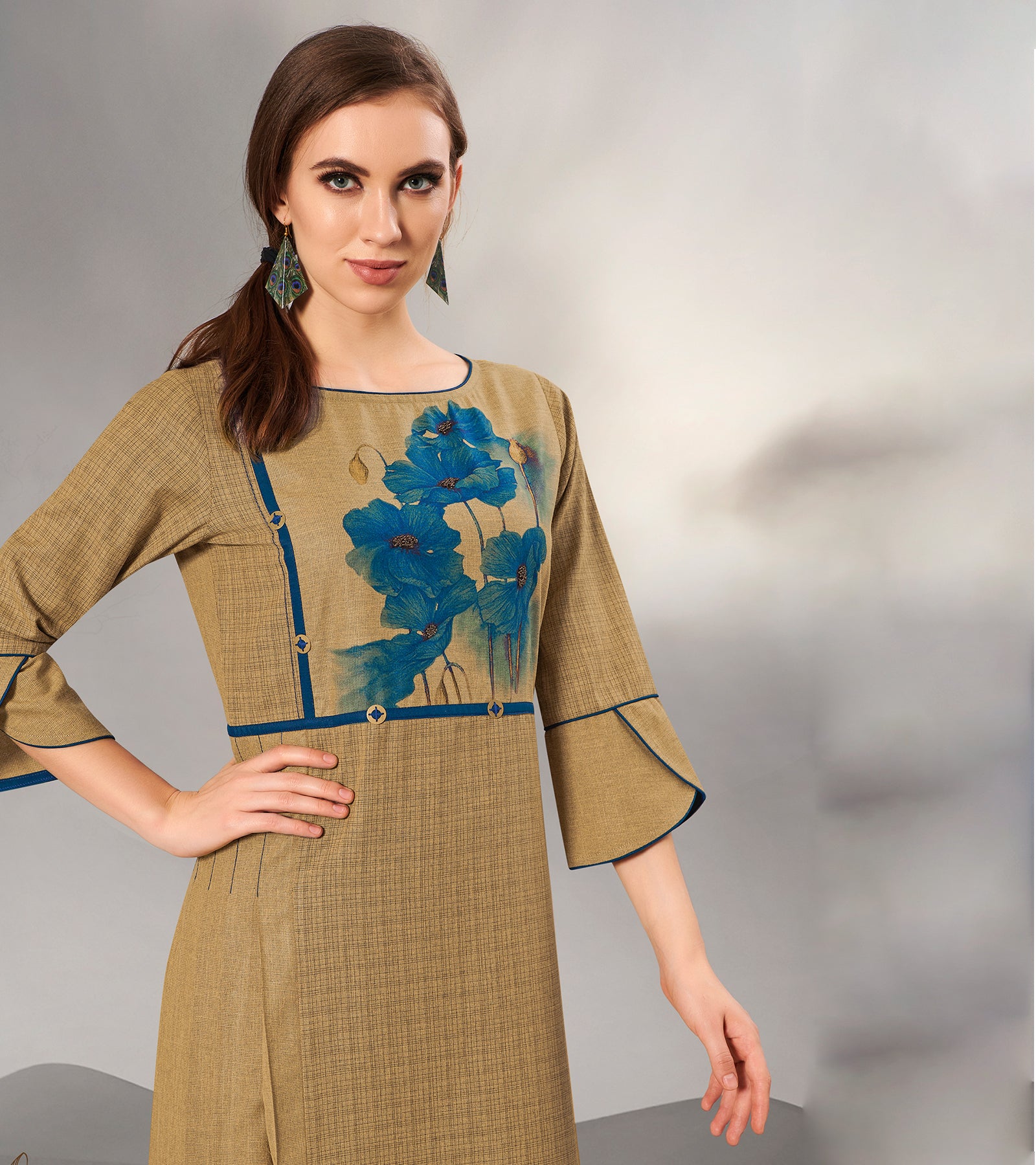 Laxmipati Textured Cotton Neutral Brown Full length Gown with 3/4 sleeve & Mask