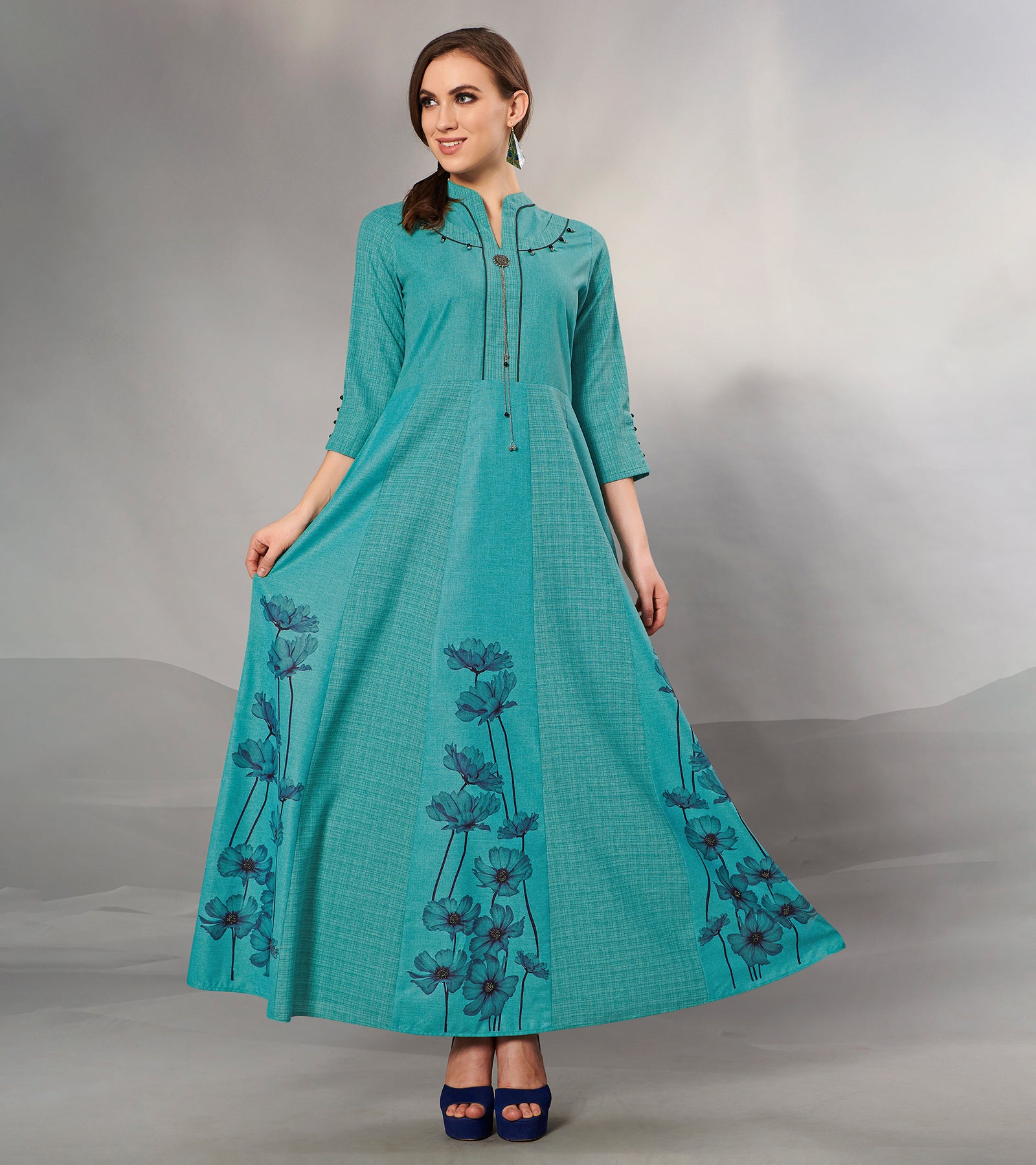 Laxmipati Textured Cotton Greenish Blue kali Pattern Gown with 3/4 sleeve & Mask