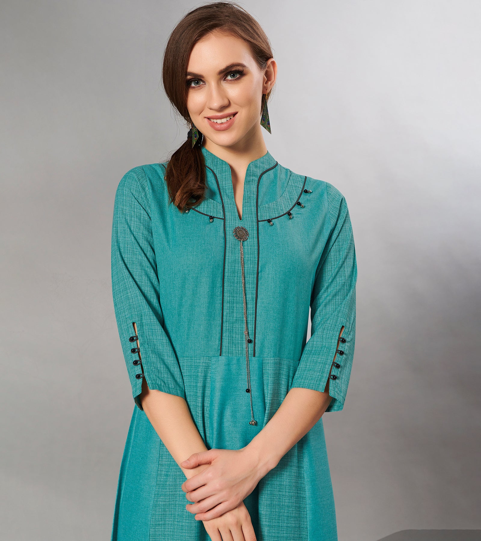 Laxmipati Textured Cotton Greenish Blue kali Pattern Gown with 3/4 sleeve & Mask