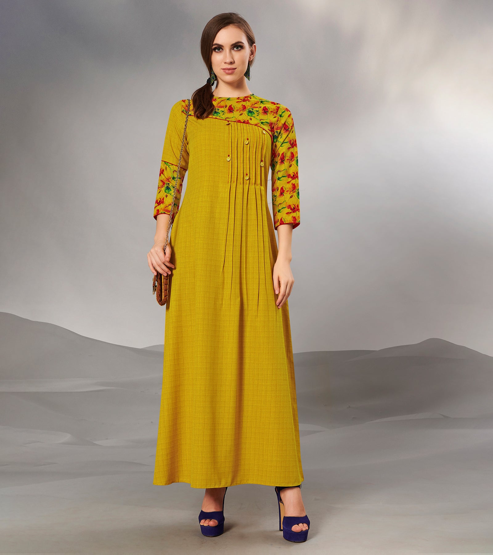 Laxmipati Textured Cotton Mustard Yellow Pintucks with fair,Full length Gown with 3/4 sleeve & Mask
