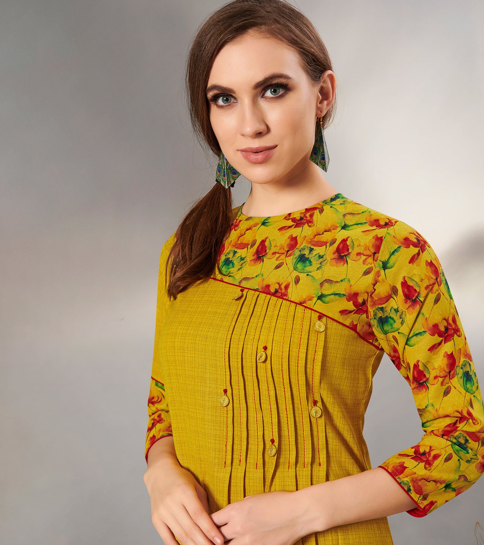 Laxmipati Textured Cotton Mustard Yellow Pintucks with fair,Full length Gown with 3/4 sleeve & Mask