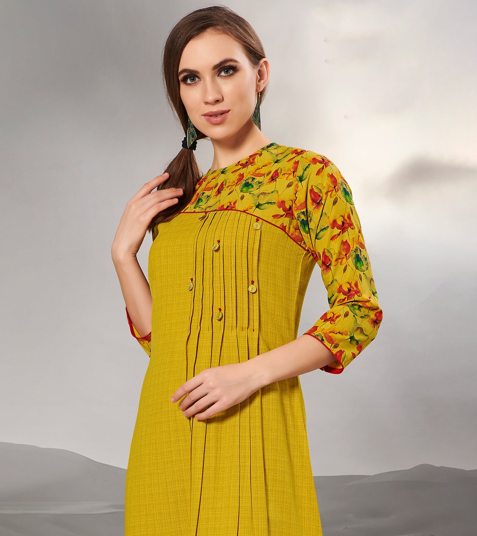 Laxmipati Textured Cotton Mustard Yellow Pintucks with fair,Full length Gown with 3/4 sleeve & Mask