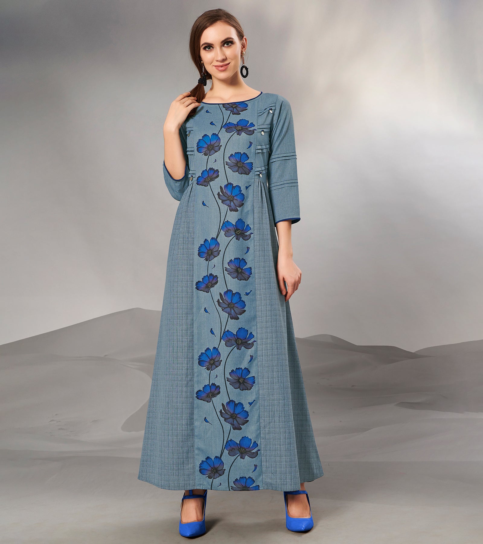 Laxmipati Textured Cotton grayish blue, Cross Pintucks Full length Gown with 3/4 sleeve & Mask