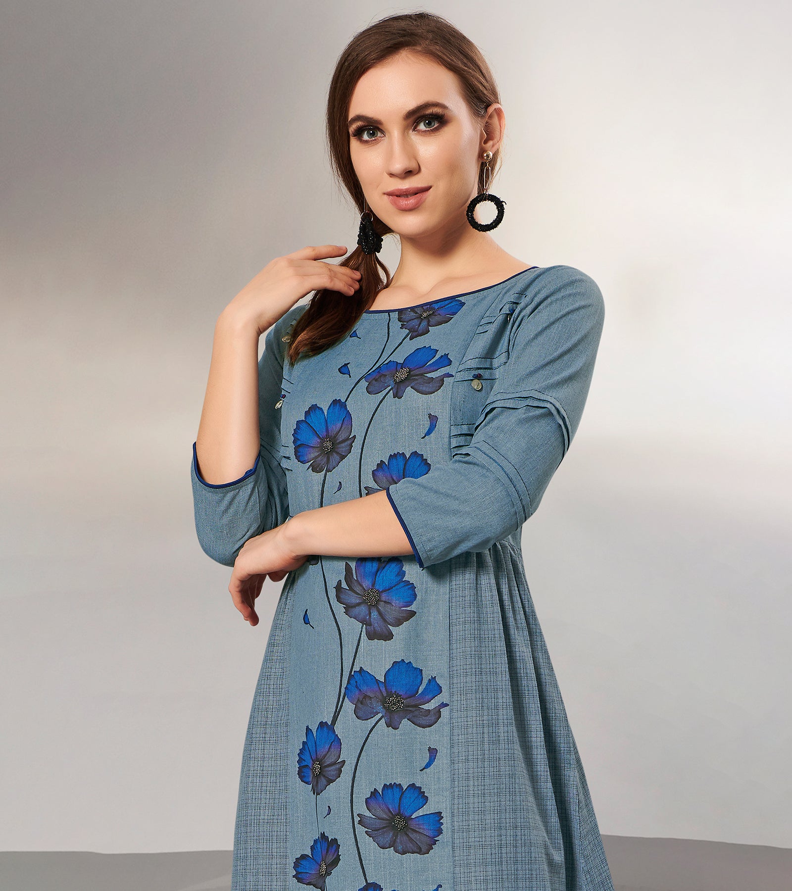 Laxmipati Textured Cotton grayish blue, Cross Pintucks Full length Gown with 3/4 sleeve & Mask