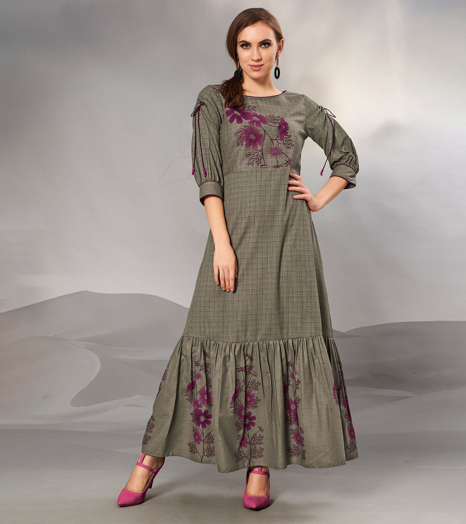 Laxmipati Textured Cotton Muddy Grey, Gathered Flair Full length Gown with 3/4 sleeve & Mask