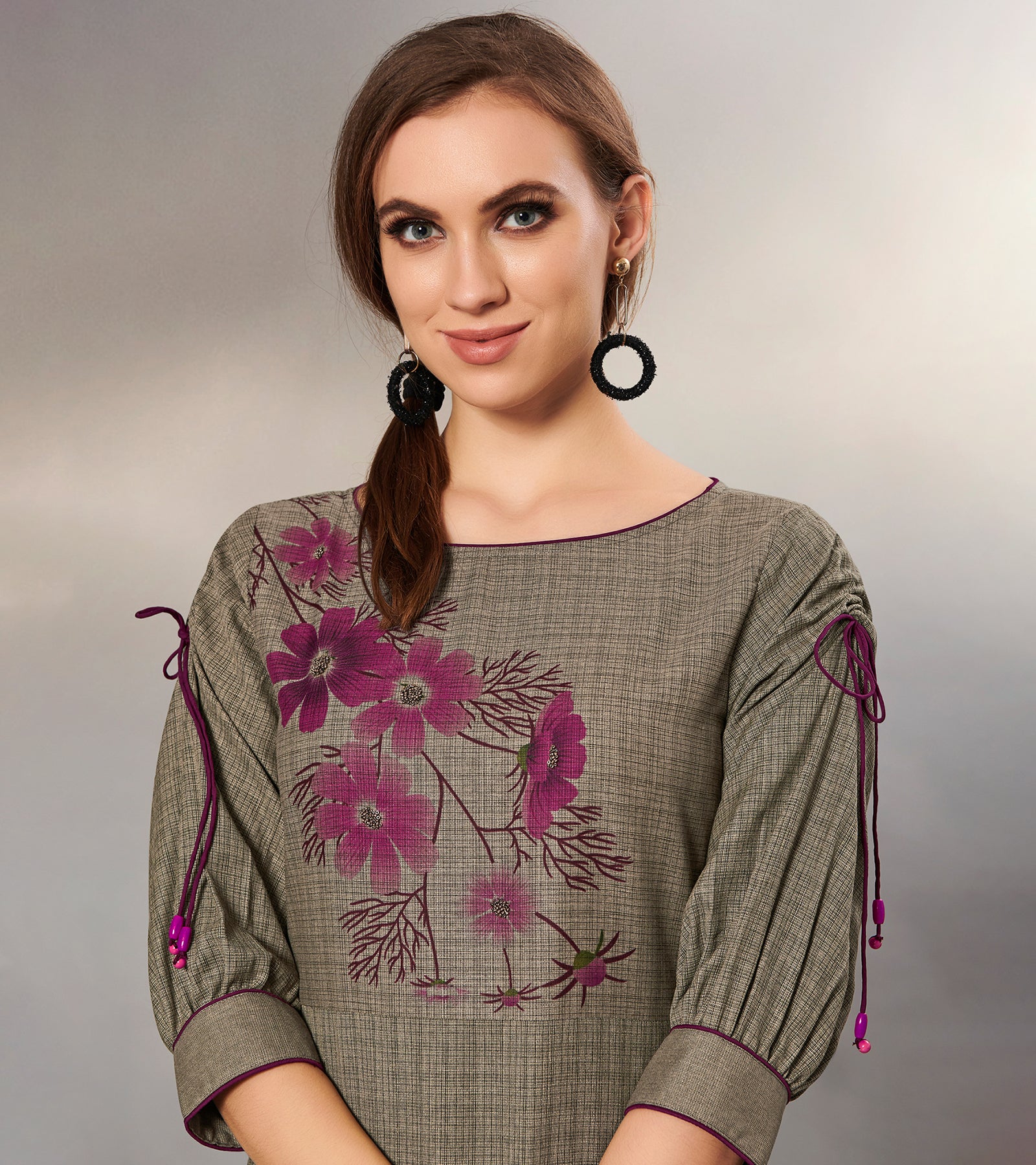 Laxmipati Textured Cotton Muddy Grey, Gathered Flair Full length Gown with 3/4 sleeve & Mask