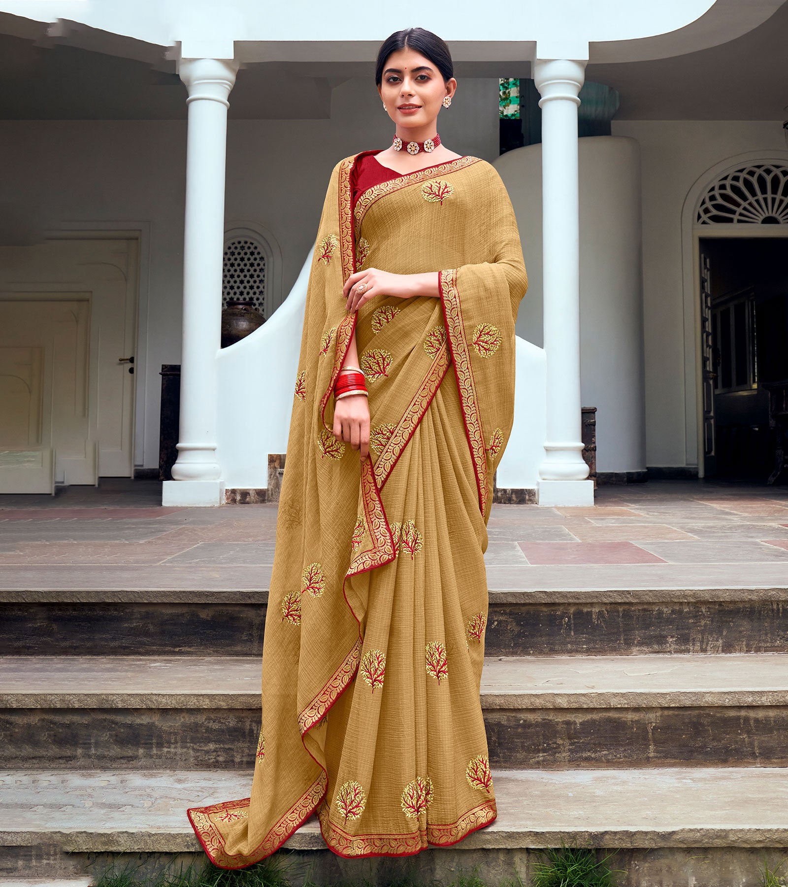 Laxmipati Chiffon Chikoo Zari Embroidery Work Saree