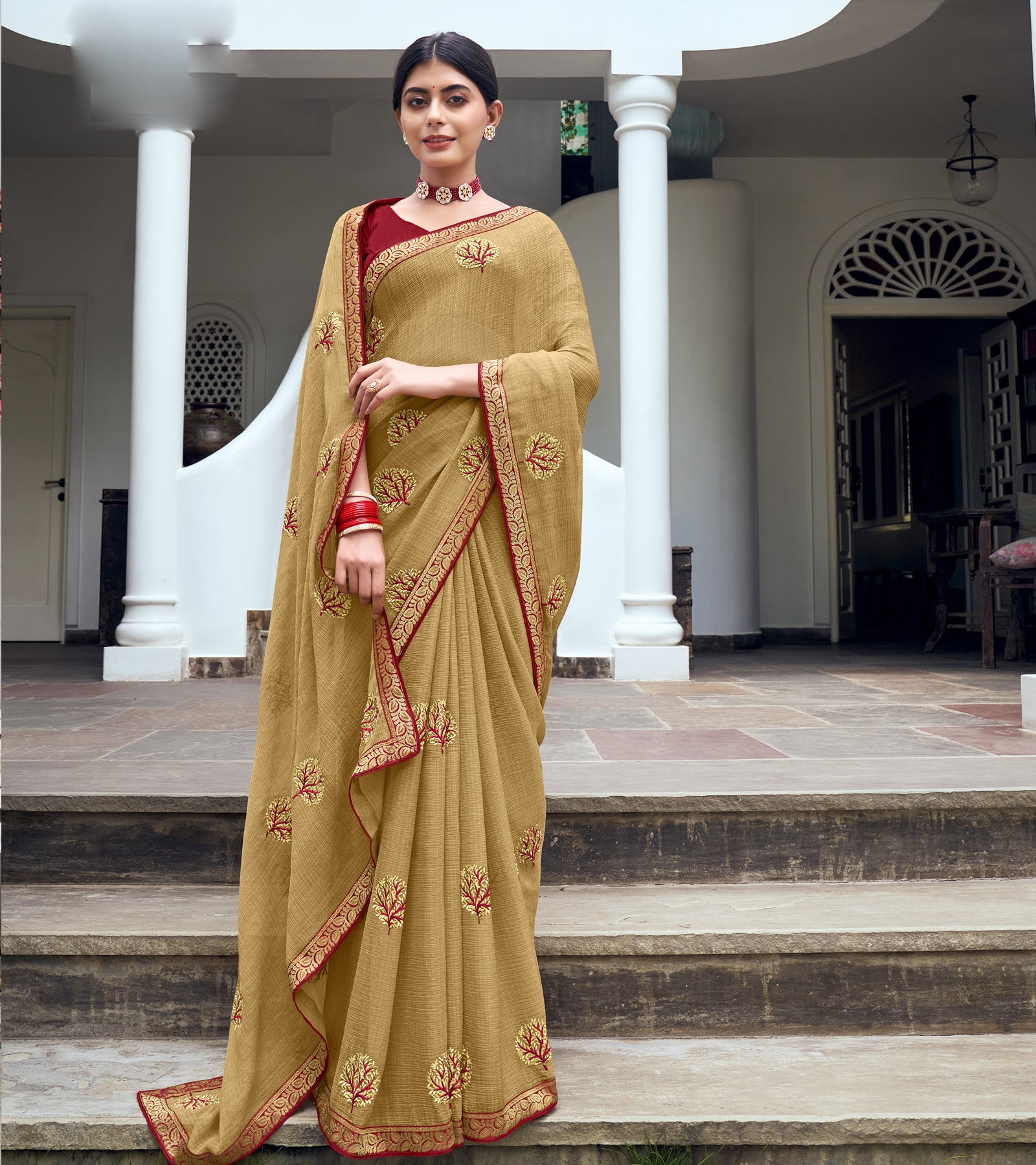 Laxmipati Chiffon Chikoo Zari Embroidery Work Saree