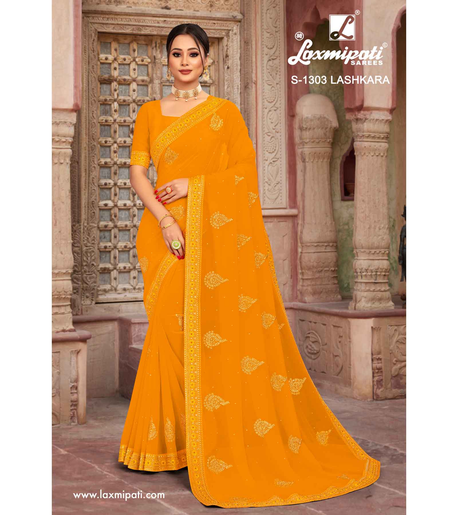 Laxmipati Yellow Lashkara S-1303 Georgette Gold Sarees