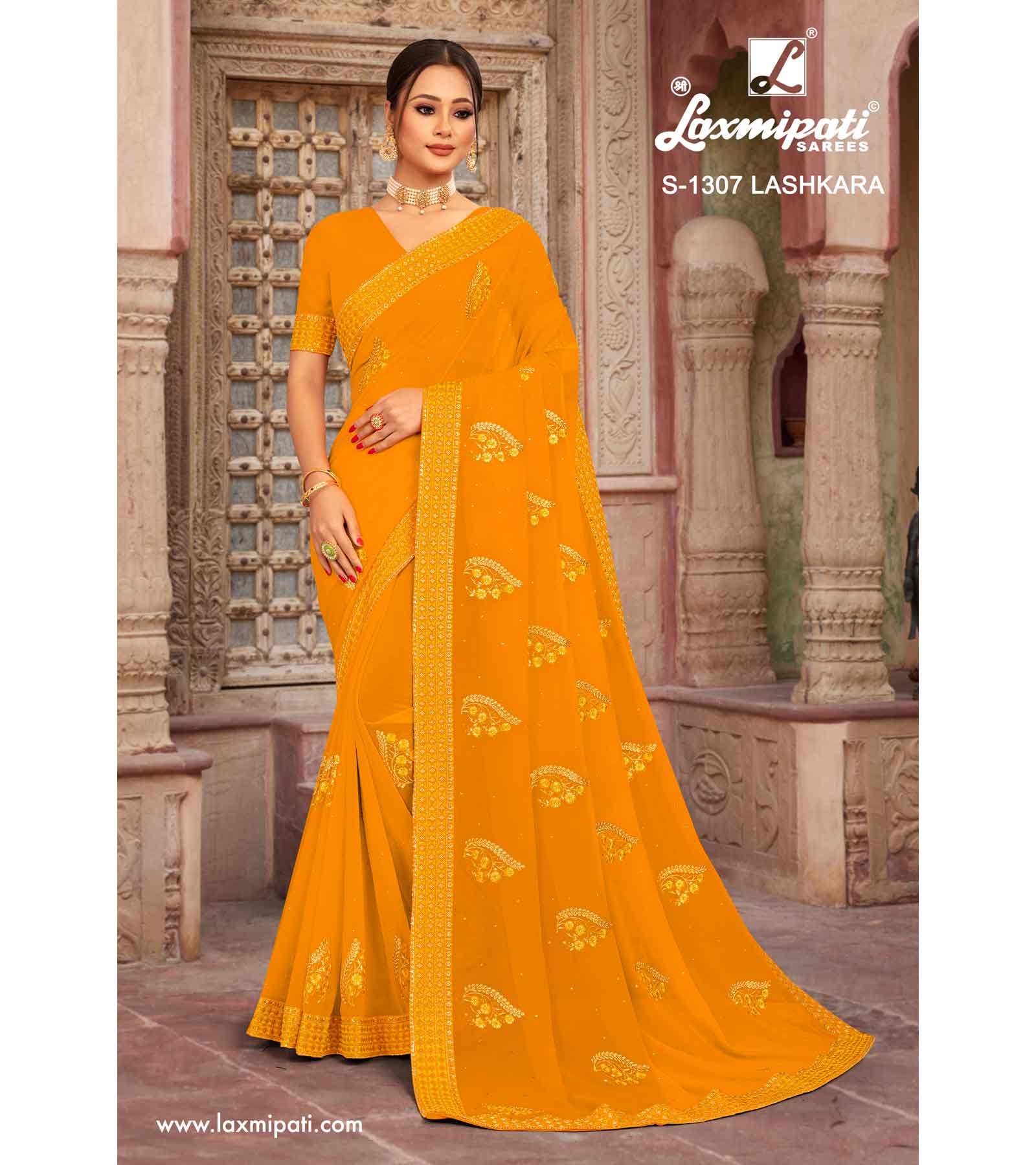 Laxmipati Yellow Lashkara S-1307 Georgette Gold Sarees