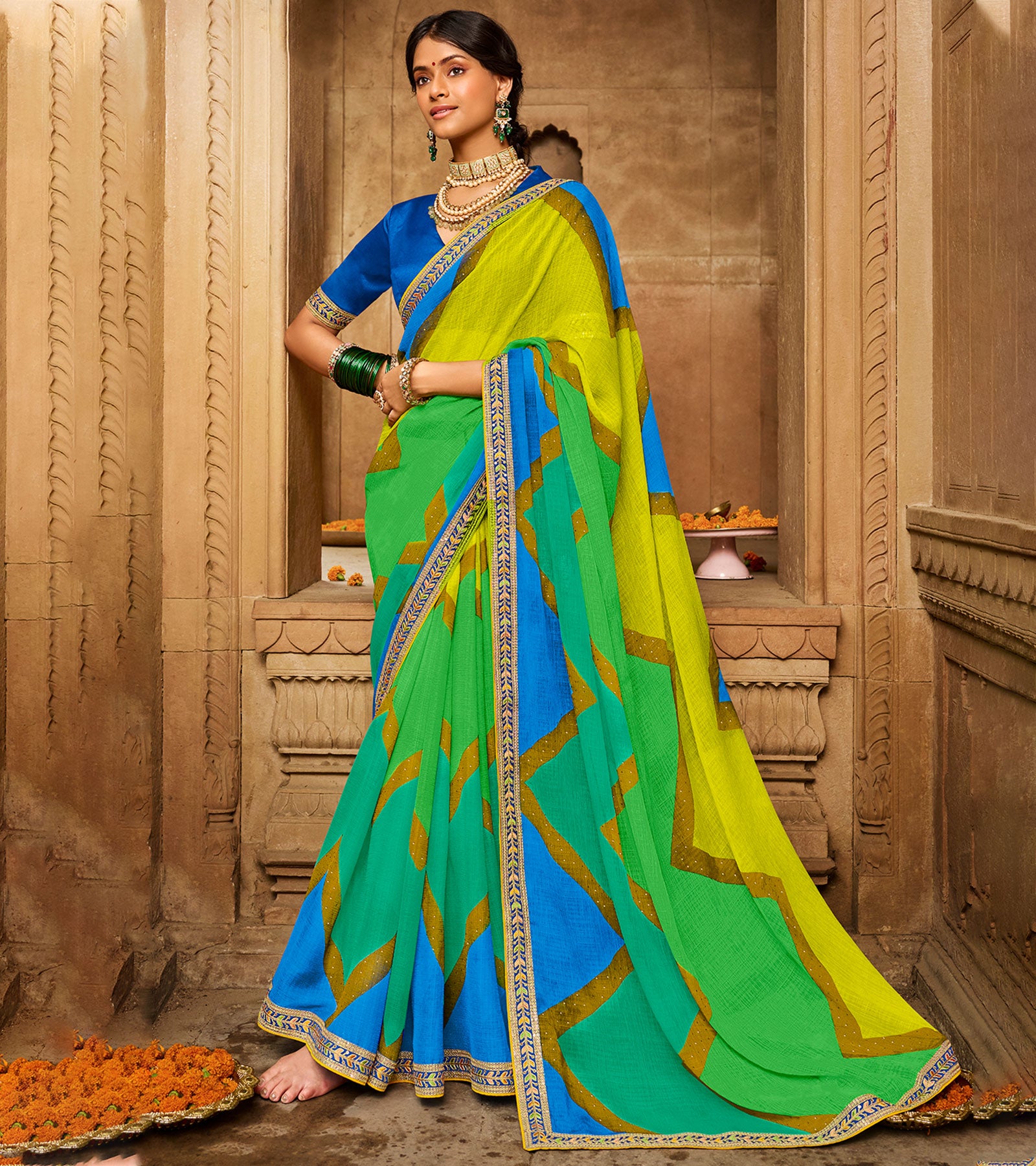 Laxmipati Aradhana Chiffon Multicolor Stone Work,Zari Work Border Saree