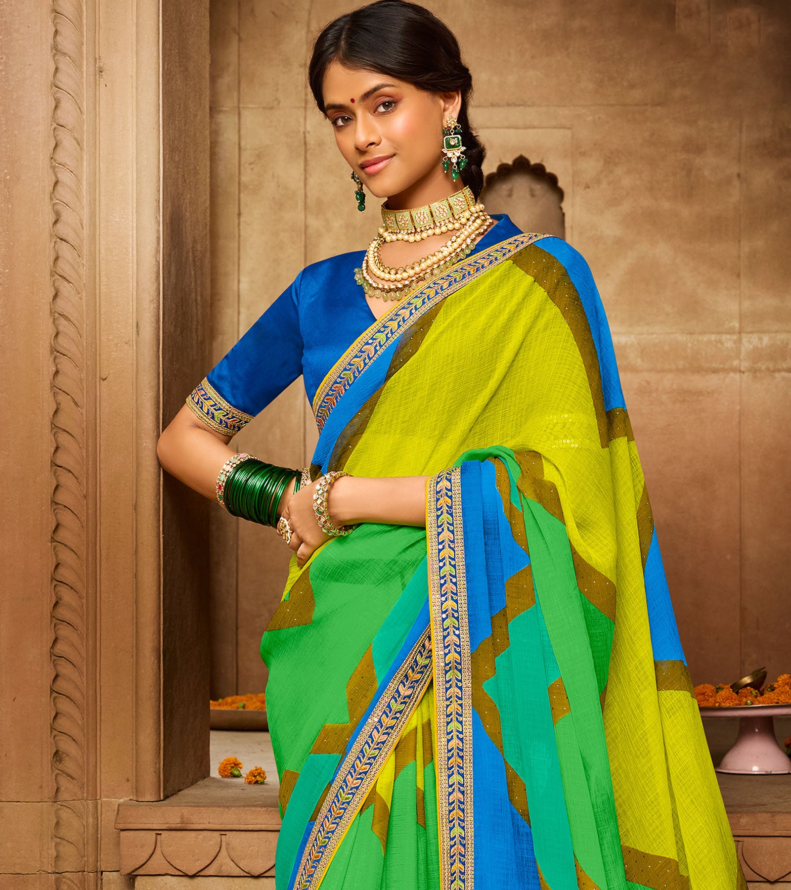 Laxmipati Aradhana Chiffon Multicolor Stone Work,Zari Work Border Saree