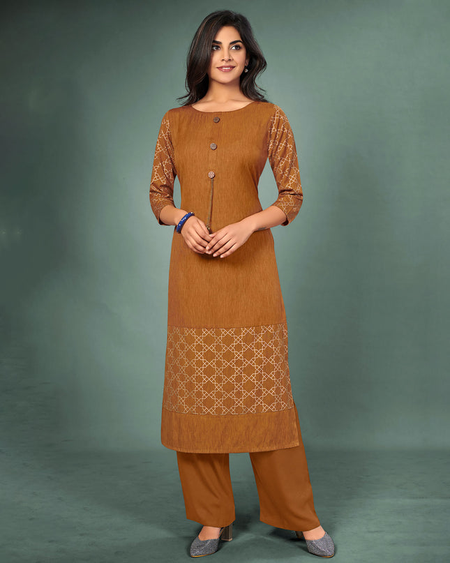 Laxmipati Cotton Mustard Brown Hand Crafted Print with Pigment Dye Straight Cut Kurti With Palazzo and Mask
