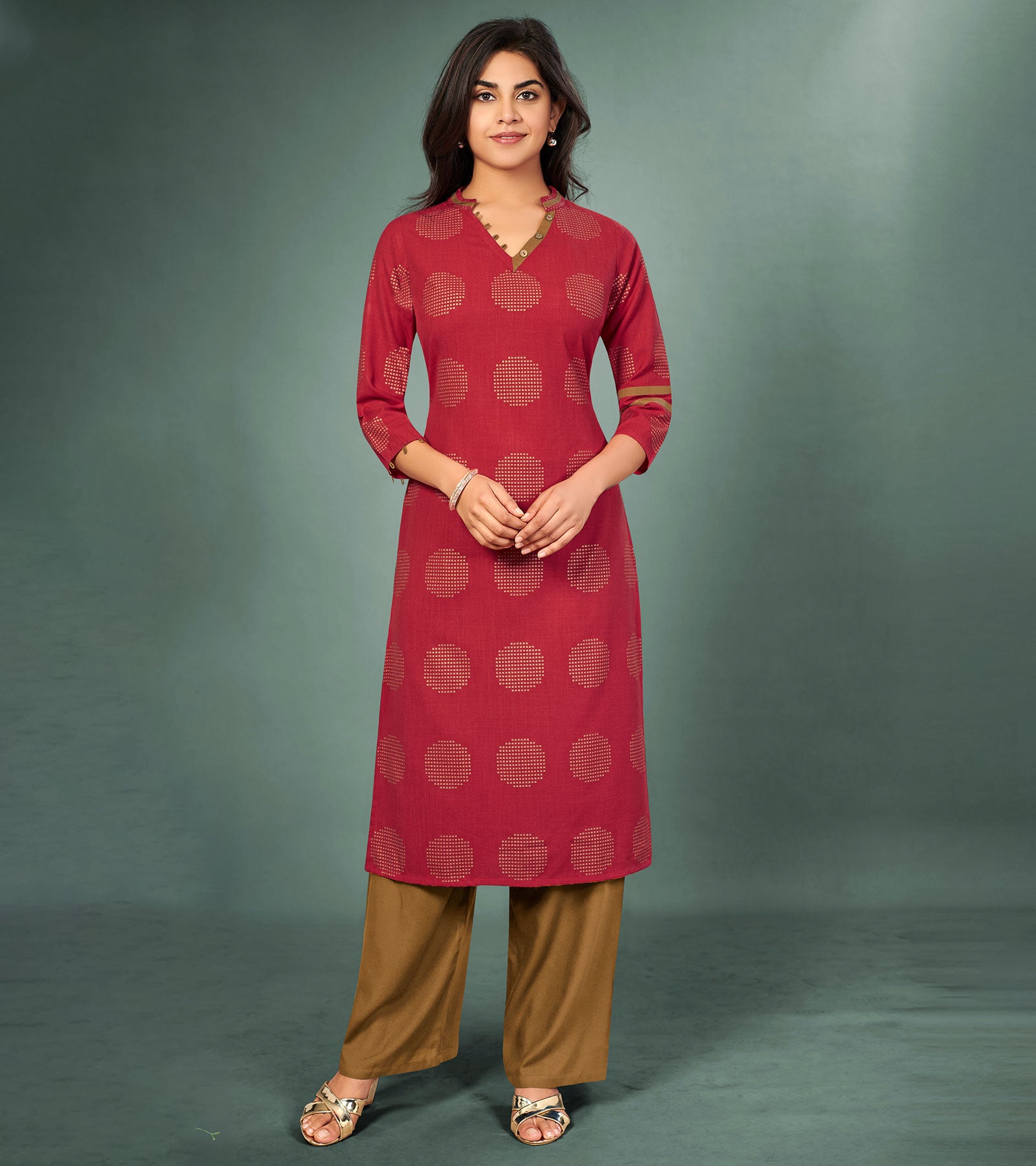 Laxmipati Cotton Rimzim redHand Crafted Print with Pigment Dye Straight Cut Kurti With Palazzo and Mask