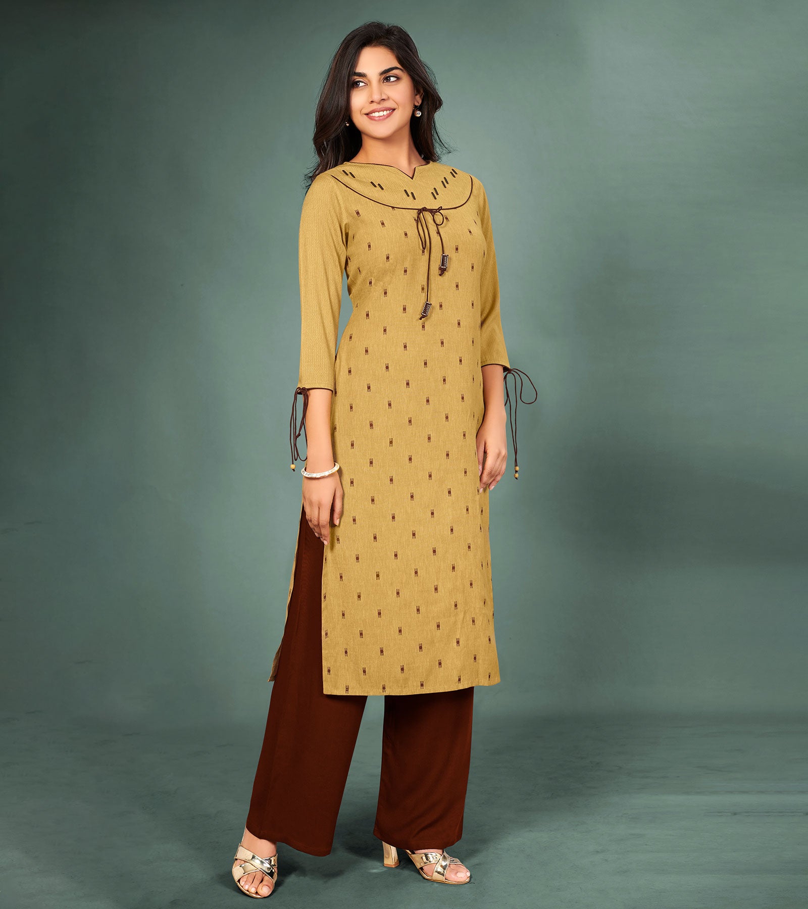 Laxmipati Cotton Beige Hand Crafted Print with Pigment Dye Straight Cut Kurti With Palazzo and Mask