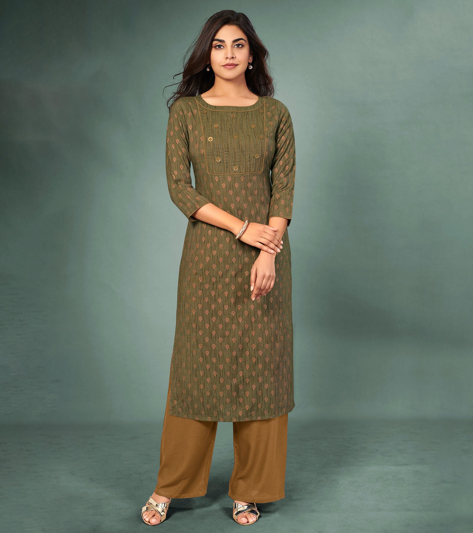 Laxmipati Cotton Olive green Hand Crafted Print with Pigment Dye Straight Cut Kurti With Palazzo and Mask