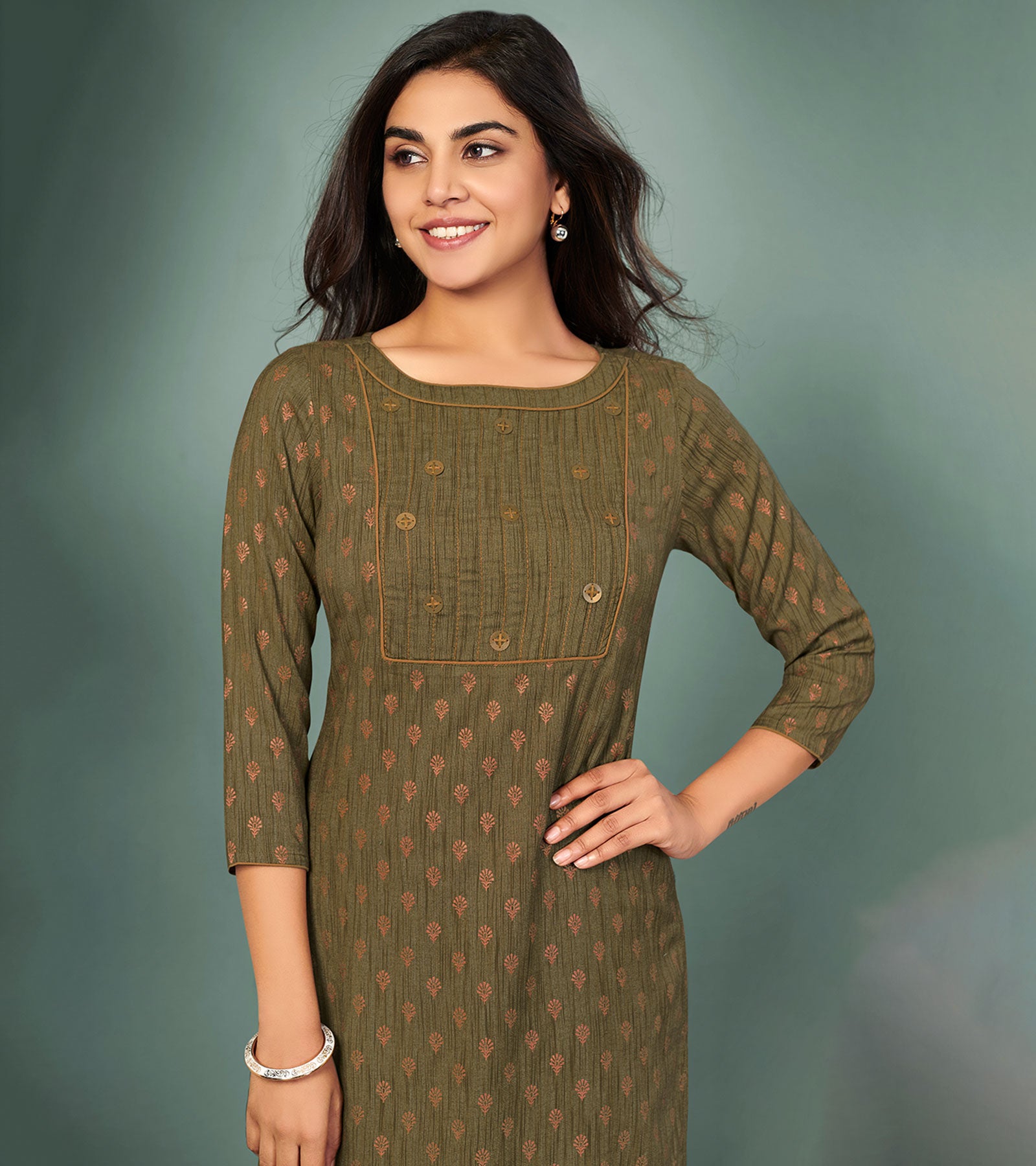 Laxmipati Cotton Olive green Hand Crafted Print with Pigment Dye Straight Cut Kurti With Palazzo and Mask