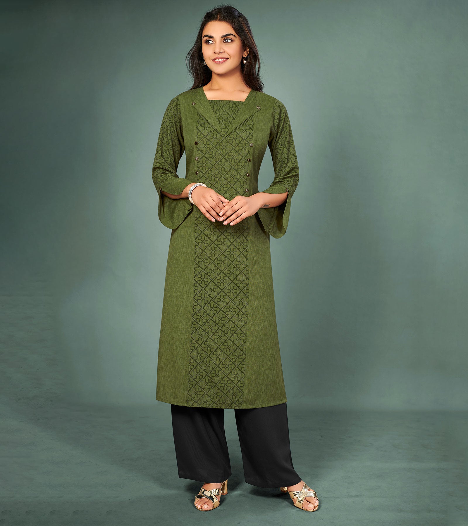 Laxmipati Cotton Mehendi green Hand Crafted Print with Pigment Dye Straight Cut Kurti With Palazzo and Mask