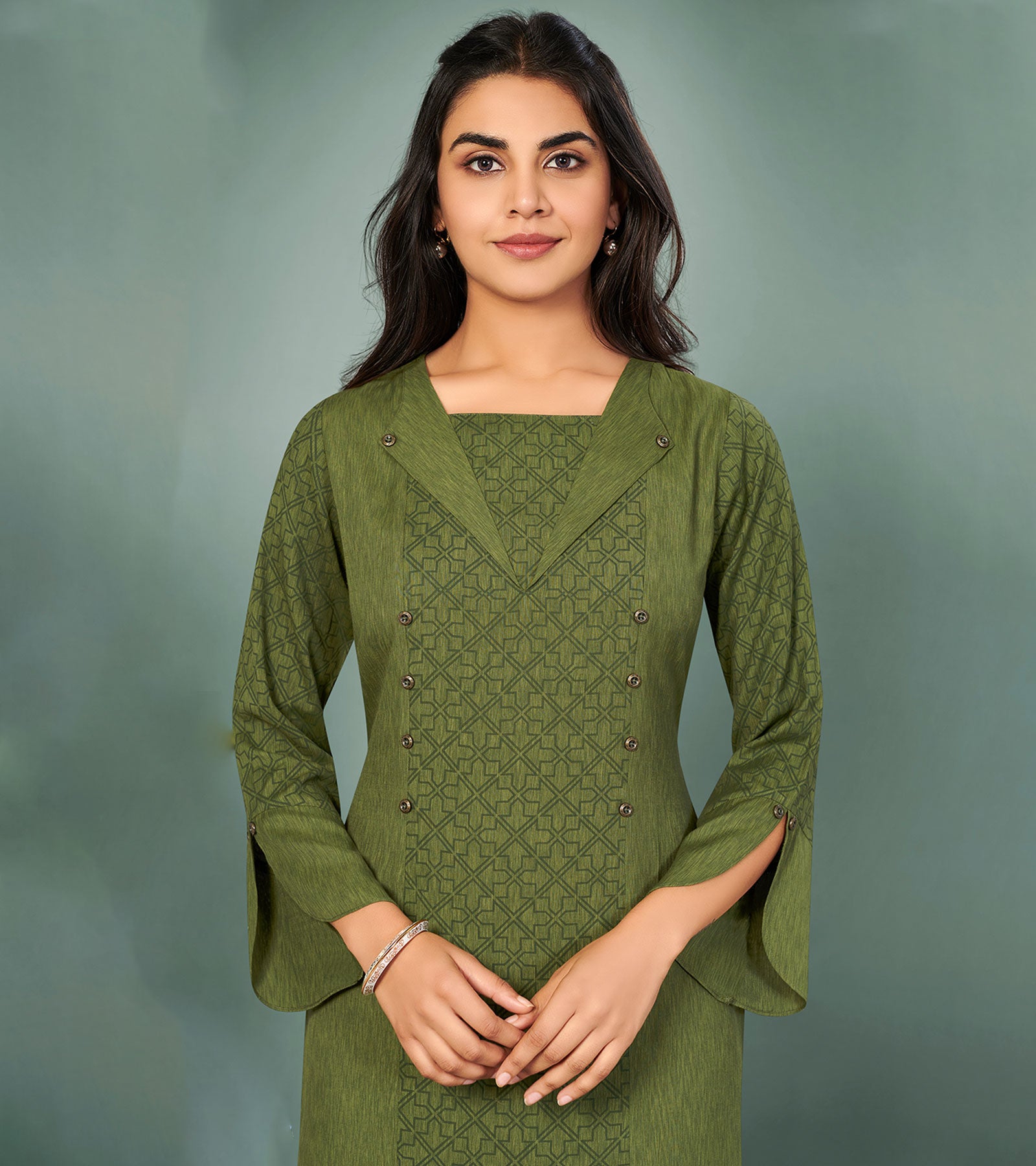 Laxmipati Cotton Mehendi green Hand Crafted Print with Pigment Dye Straight Cut Kurti With Palazzo and Mask