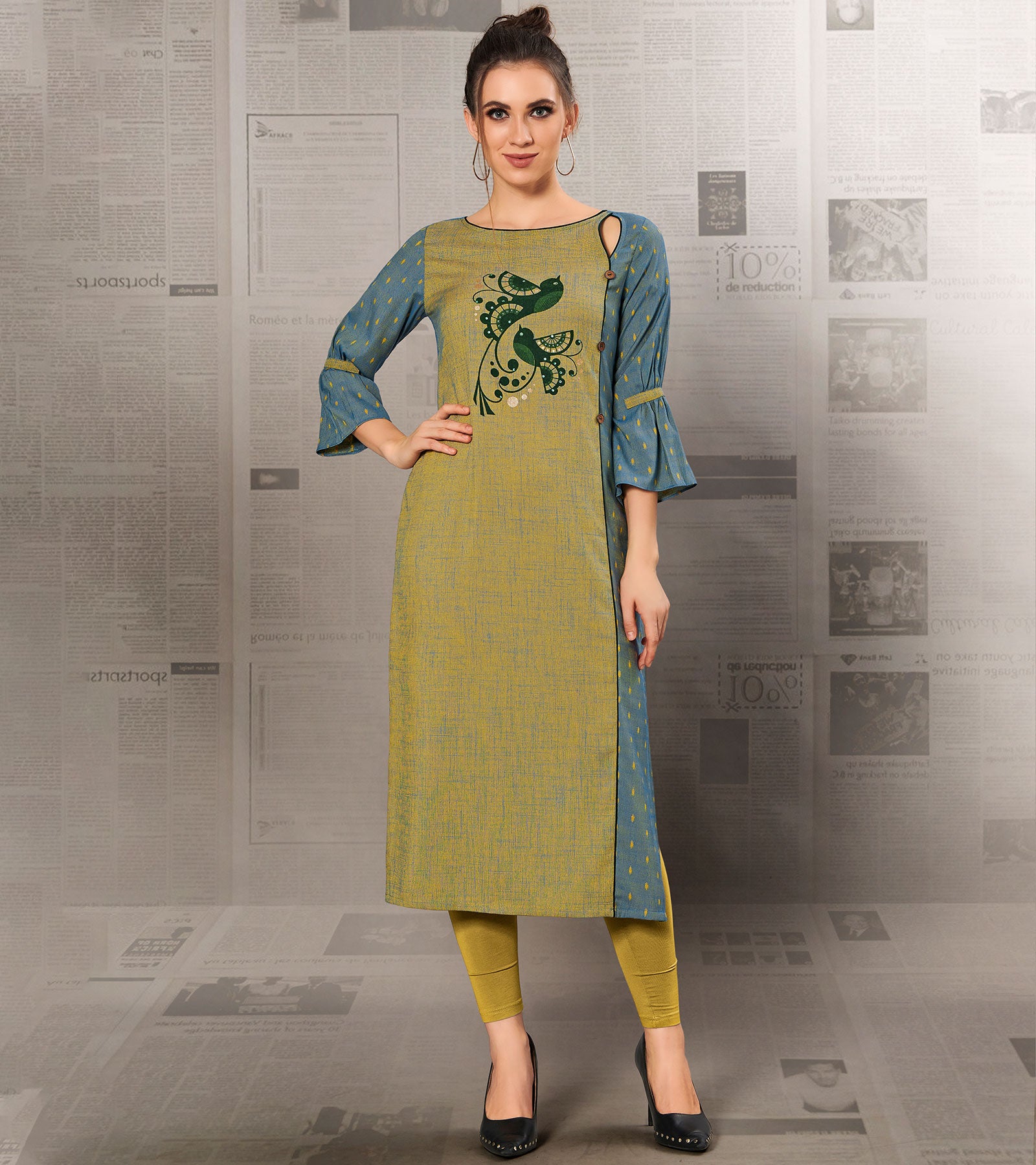 Laxmipati Barbie Cotton & Jacquard Cotton Olive Green, Straight Cut Kurti With Mask