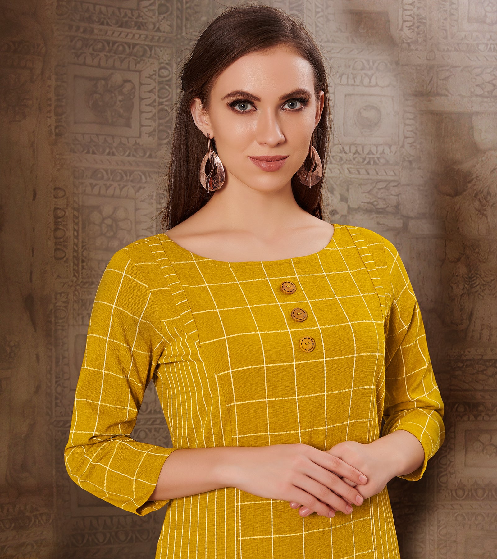 Laxmipati Chex & Strips stretchable Cotton Yellow Side Pocket & Straight cut kurti with mask.