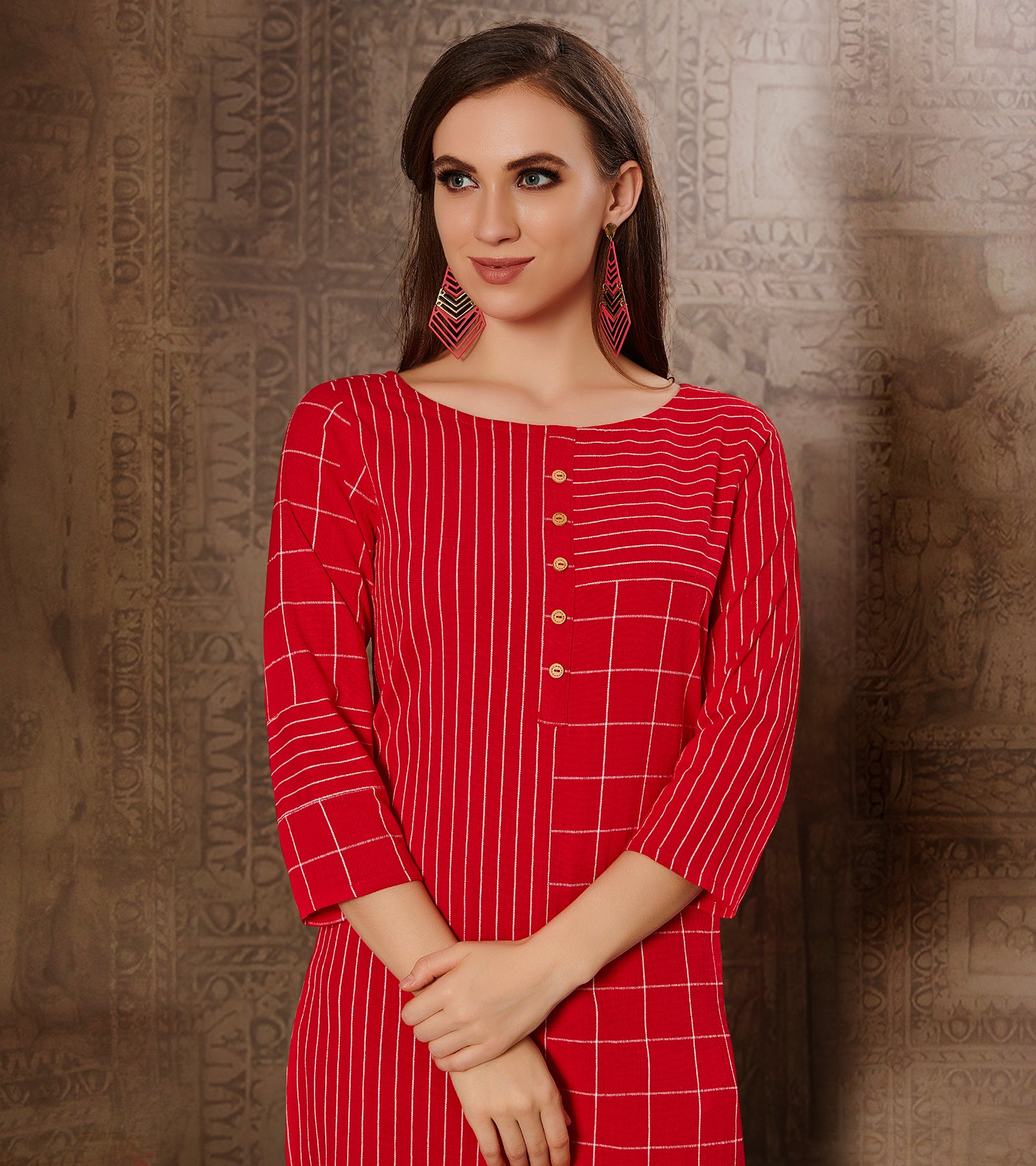 Laxmipati Chex & Strips stretchable Cotton Red Side Pocket & Straight cut kurti with mask.