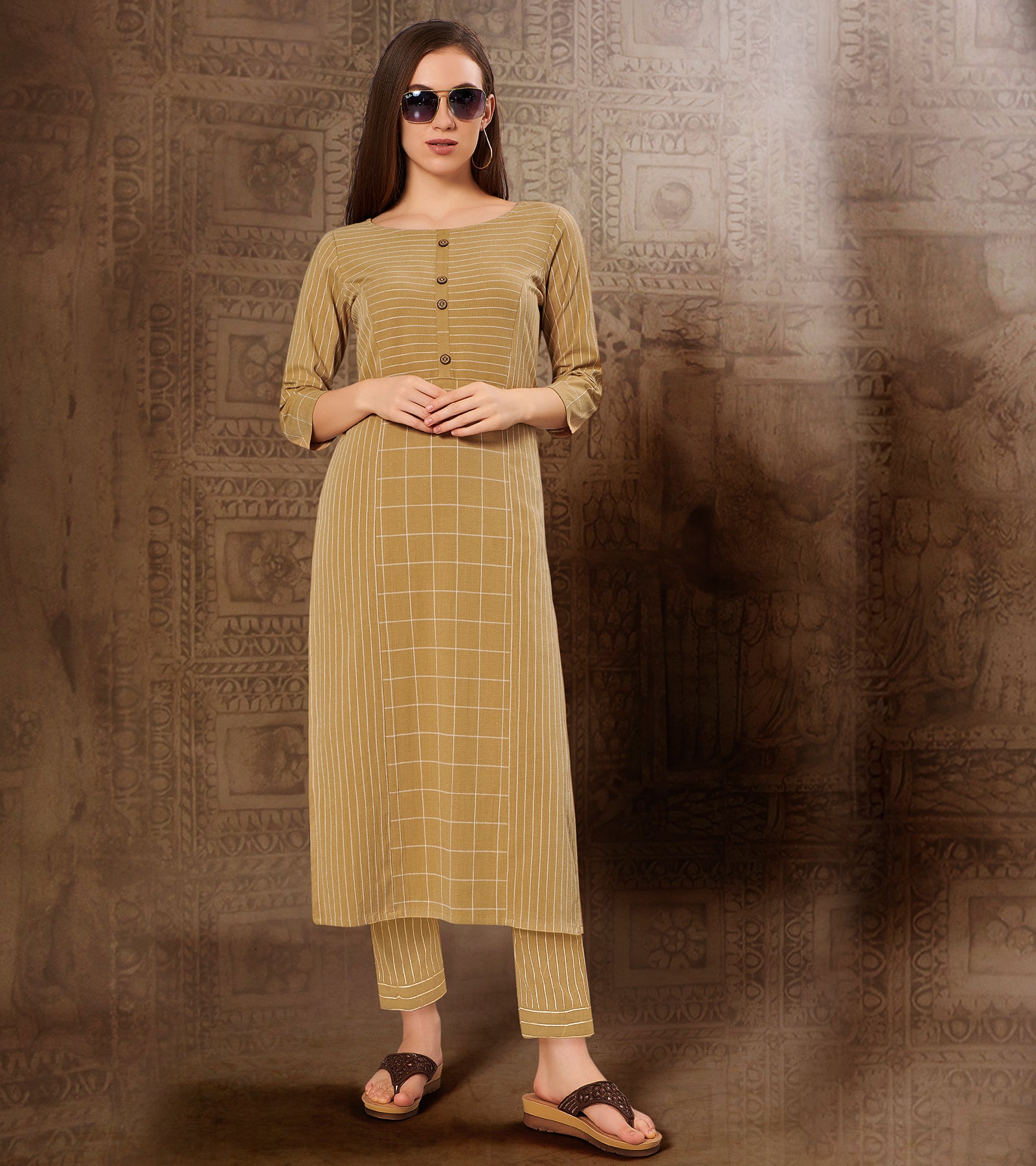Laxmipati Chex & Strips stretchable Cotton Beidge Side Pocket & Straight cut kurti with mask.