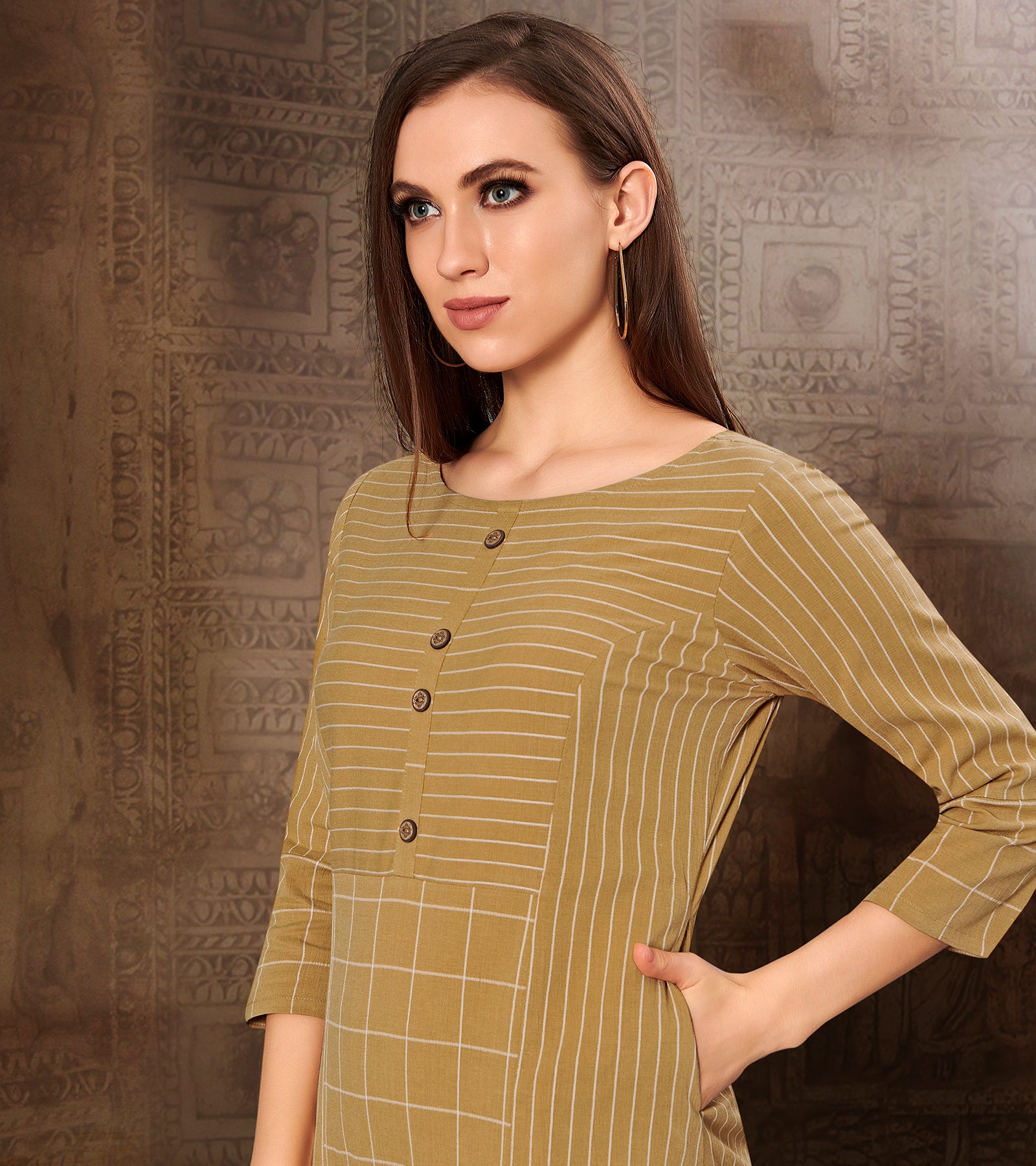 Laxmipati Chex & Strips stretchable Cotton Beidge Side Pocket & Straight cut kurti with mask.