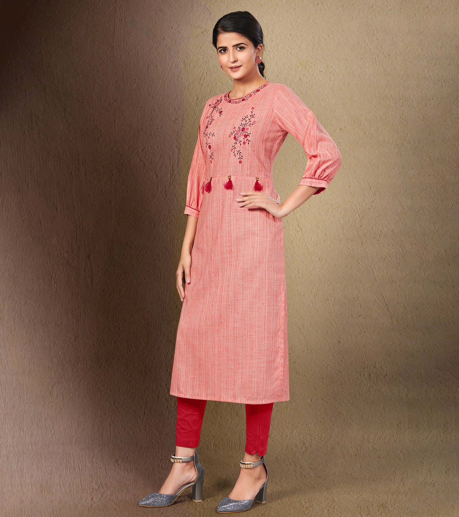 Laxmipati Cotton Peach Pink Straight cut Kurti with Stylish Emb Yoke and Mask